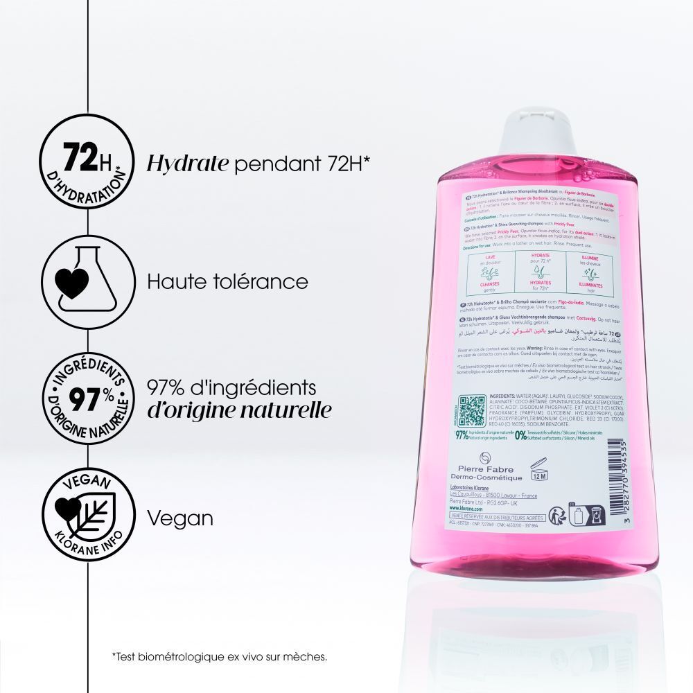 Flacon de shampooing Klorane avec texte. 72H Hydratation, 97% ingrédients naturels.