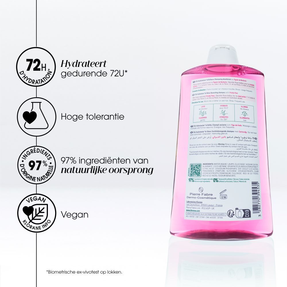 Klorane shampoo fles met tekst. 72H Hydratatie, 97% natuurlijke ingrediënten.