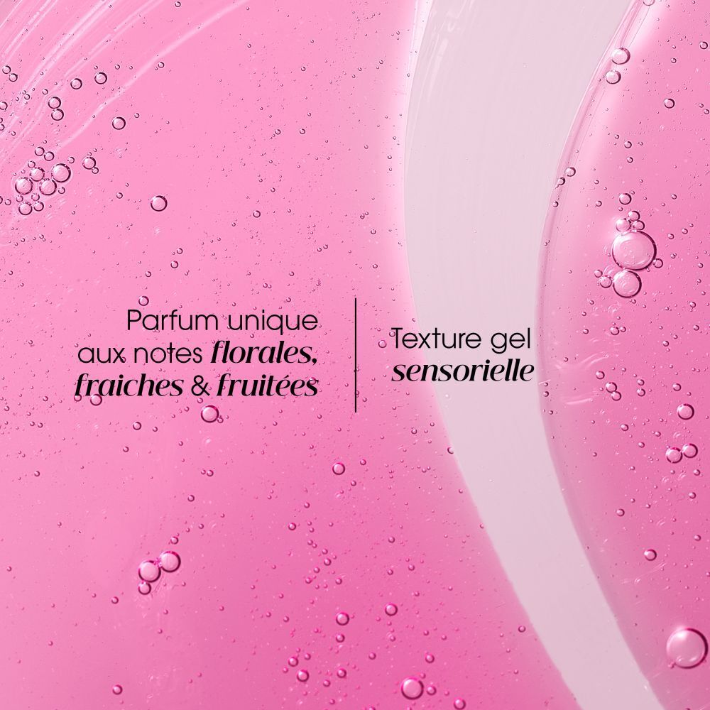 Liquide rose avec bulles. Texte: Parfum unique, notes florales, texture gel sensorielle.