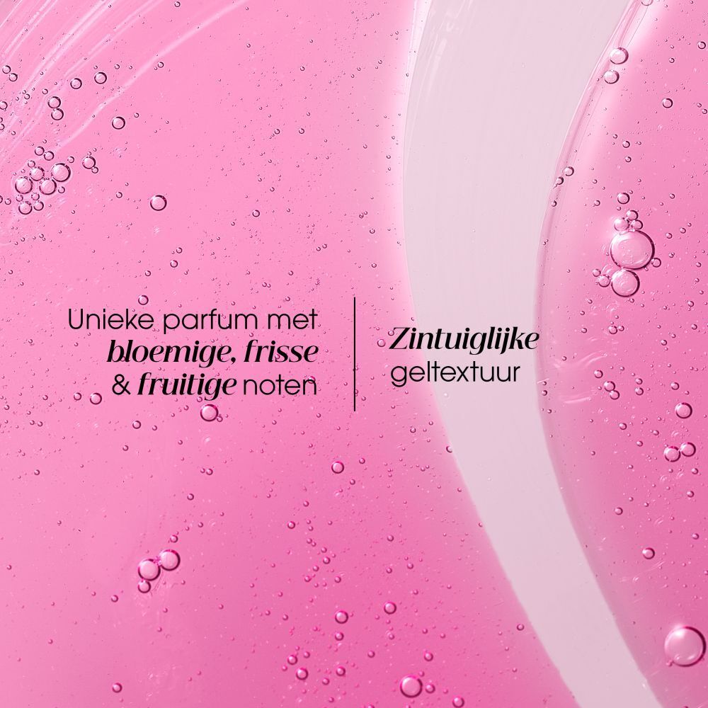 Roze vloeistof met bellen. Tekst: Unieke geur, bloemige noten, sensorische geltextuur.