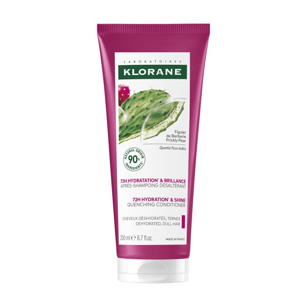 Tube rose Klorane. Illustration figue de Barbarie. Texte: 72H Hydratation & Brillance.