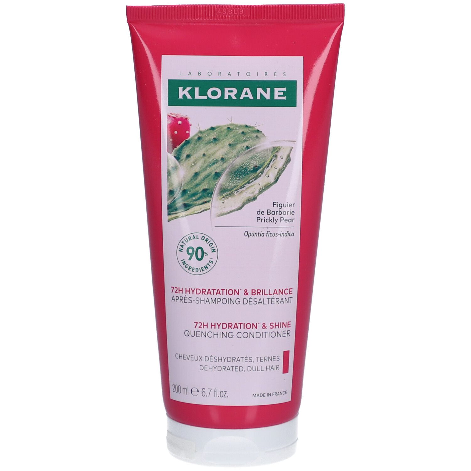 Tube rose Klorane. Illustration figue de Barbarie. Texte: 72H Hydratation & Brillance.