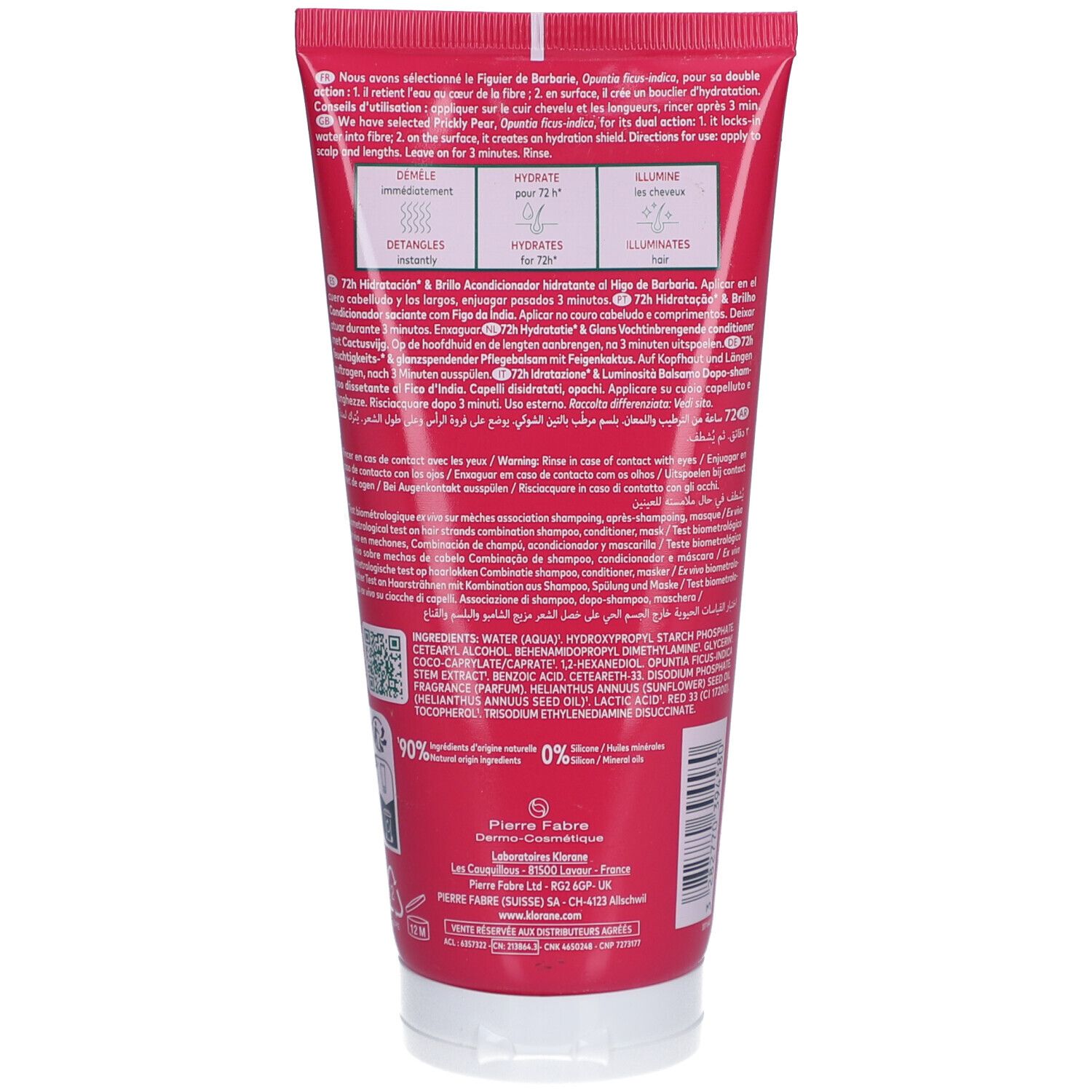 Dos du conditionneur Klorane. Texte et ingrédients. 90% ingrédients d'origine naturelle.