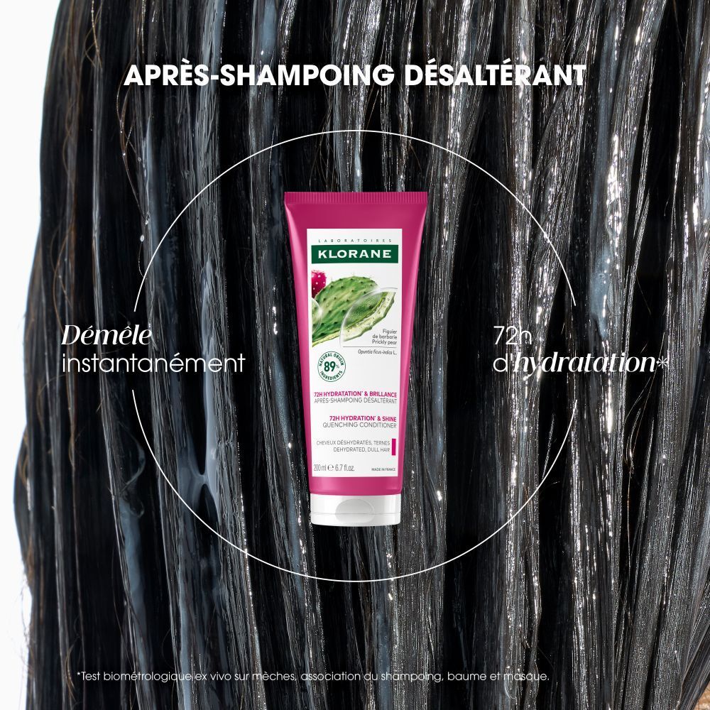 Cheveux avec conditionneur Klorane. Texte: Après-Shampooing Désaltérant. Texte: 72h d'hydratation.