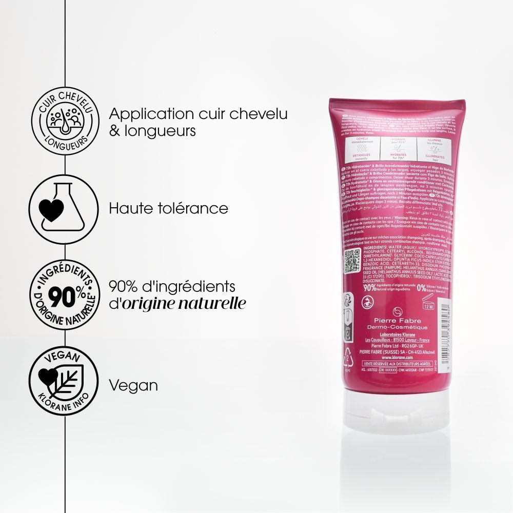 Graphique avec symboles. Application sur cuir chevelu & longueurs. 90% ingrédients naturels. Vegan.