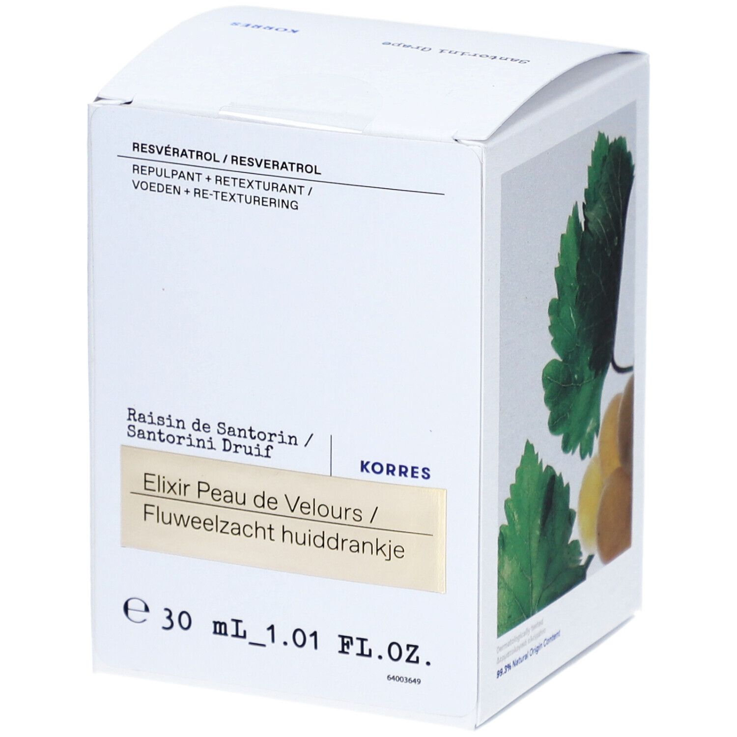 Weißer Karton mit Produktinformationen. Aufschrift: Elixier Peau de Velours / Fluweelzacht huiddrankje.