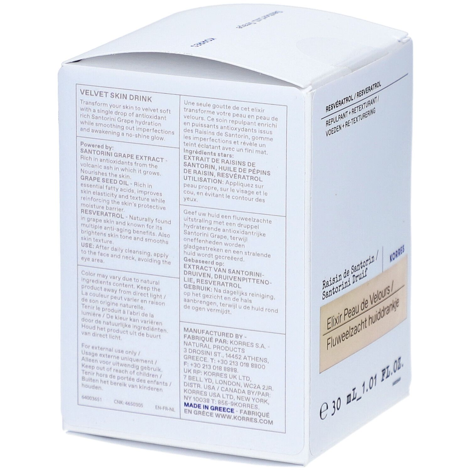 Weißer Karton, Rückseite mit Produktinformationen. Text in mehreren Sprachen. Aufschrift: Elixier Peau de Velours.