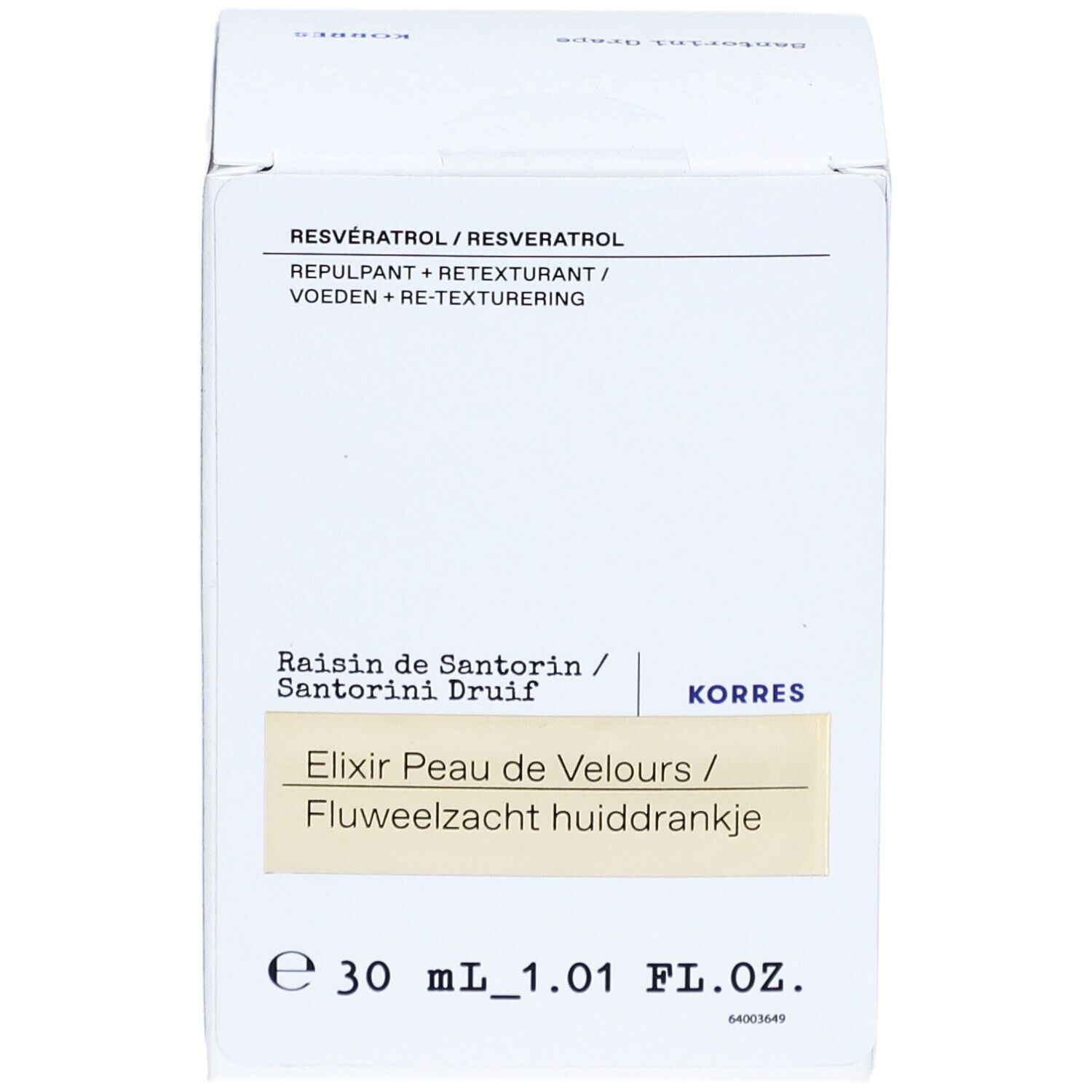 Weißer Karton mit Produktinformationen. Aufschrift: Elixier Peau de Velours / Fluweelzacht huiddrankje.