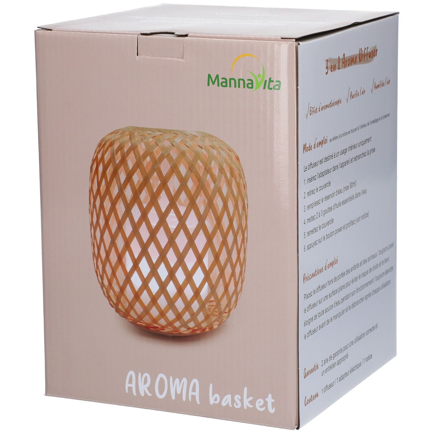 Verpakking met aroma diffuser. Mannavita logo. Bamboe mand ontwerp. Tekst: Aroma Basket.