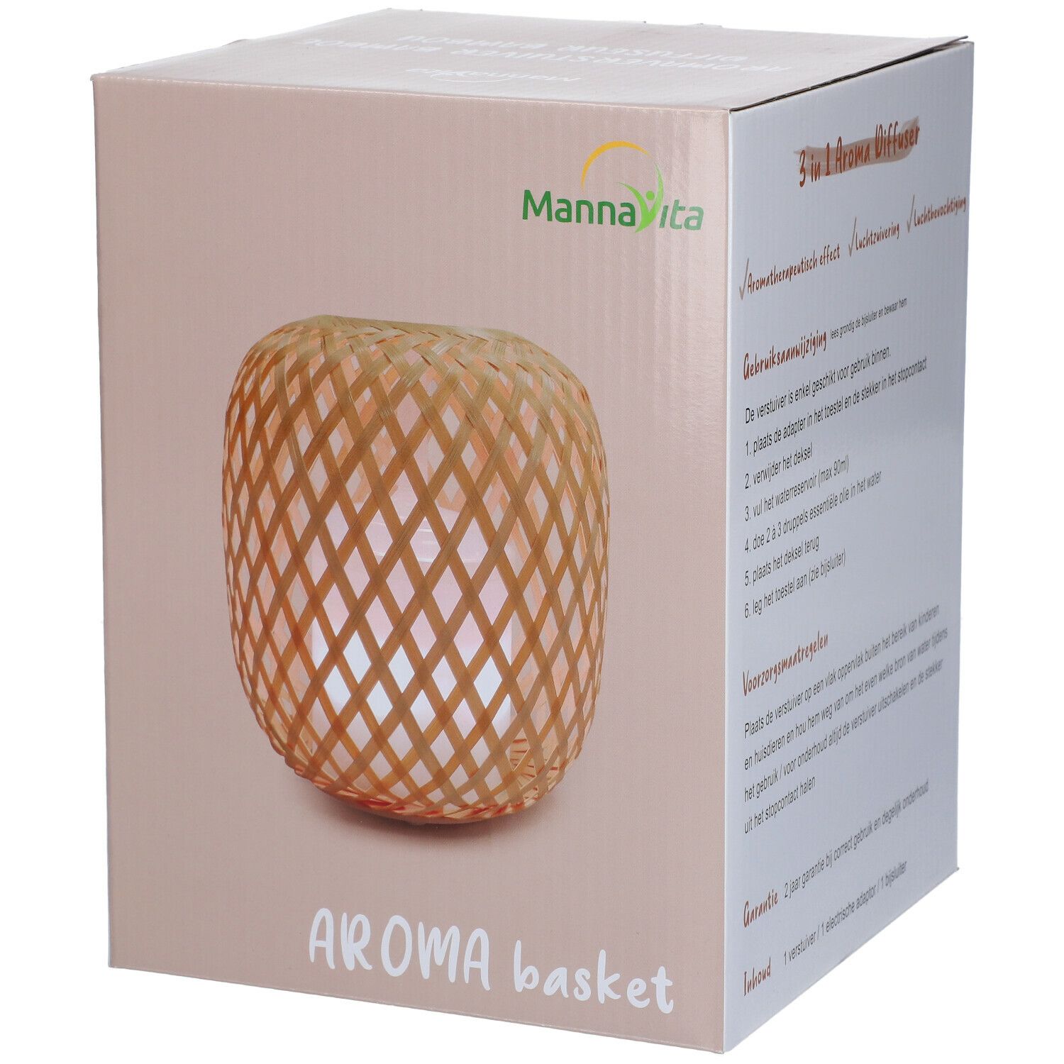 Verpakking met aroma diffuser. Mannavita logo. Bamboe mand ontwerp. Tekst: Aroma Basket.