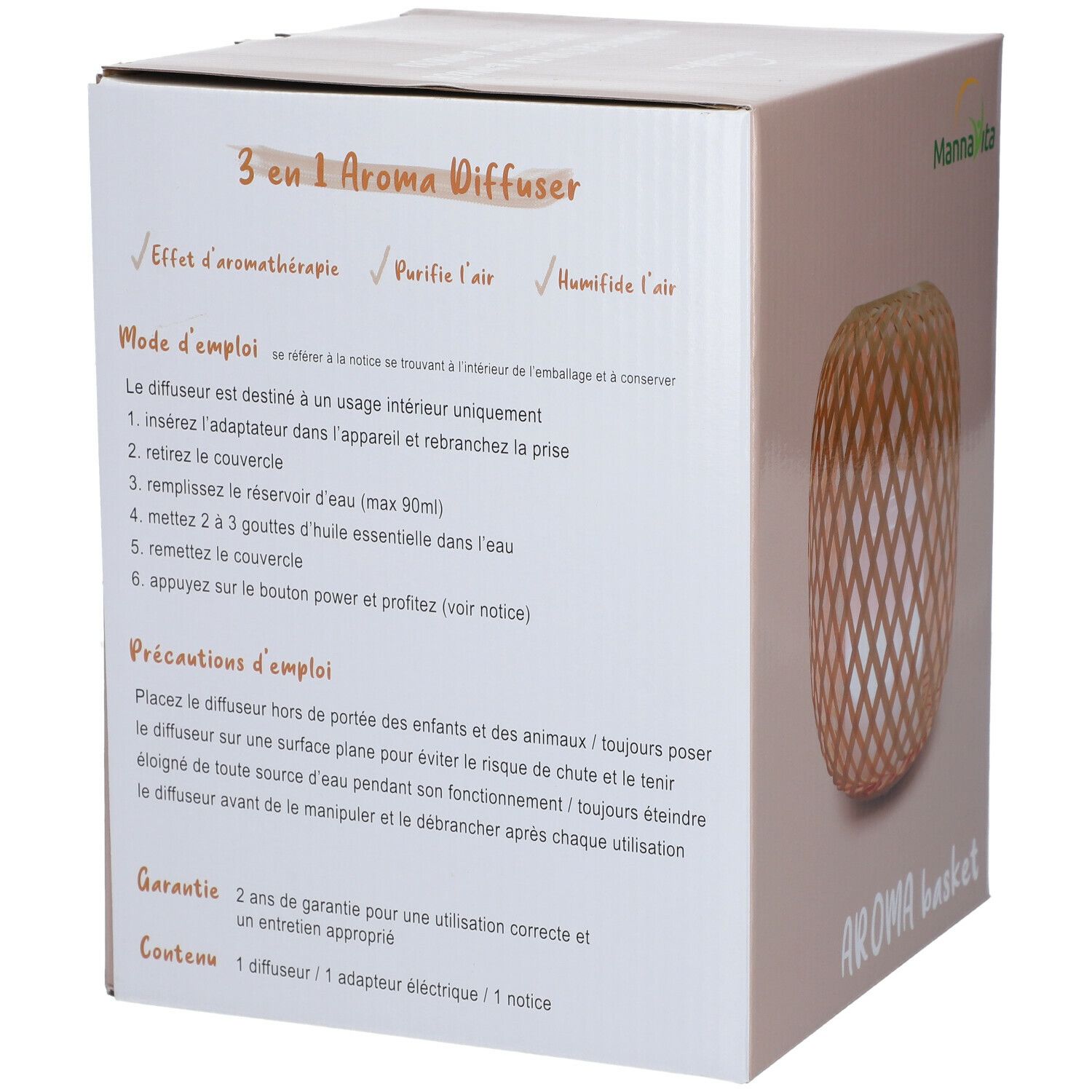 Verpakking met tekst. 3-in-1 Aroma Diffuser. Gebruiksaanwijzing. Garantie. Inhoud: diffuser, adapter, deksel.