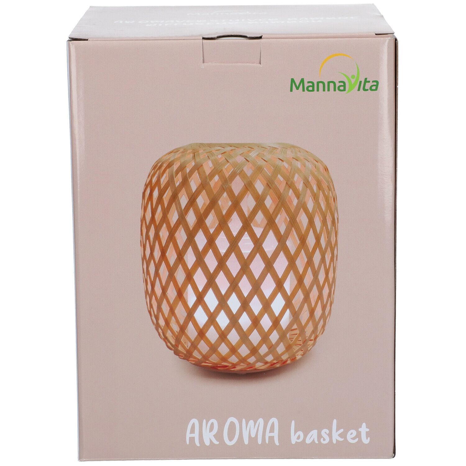 Verpakking met aroma diffuser. Mannavita logo. Bamboe mand ontwerp. Tekst: Aroma Basket.