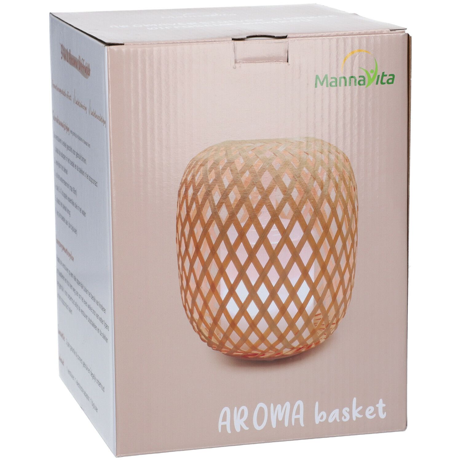 Verpakking met aroma diffuser. Mannavita logo. Bamboe mand ontwerp. Tekst: Aroma Basket.