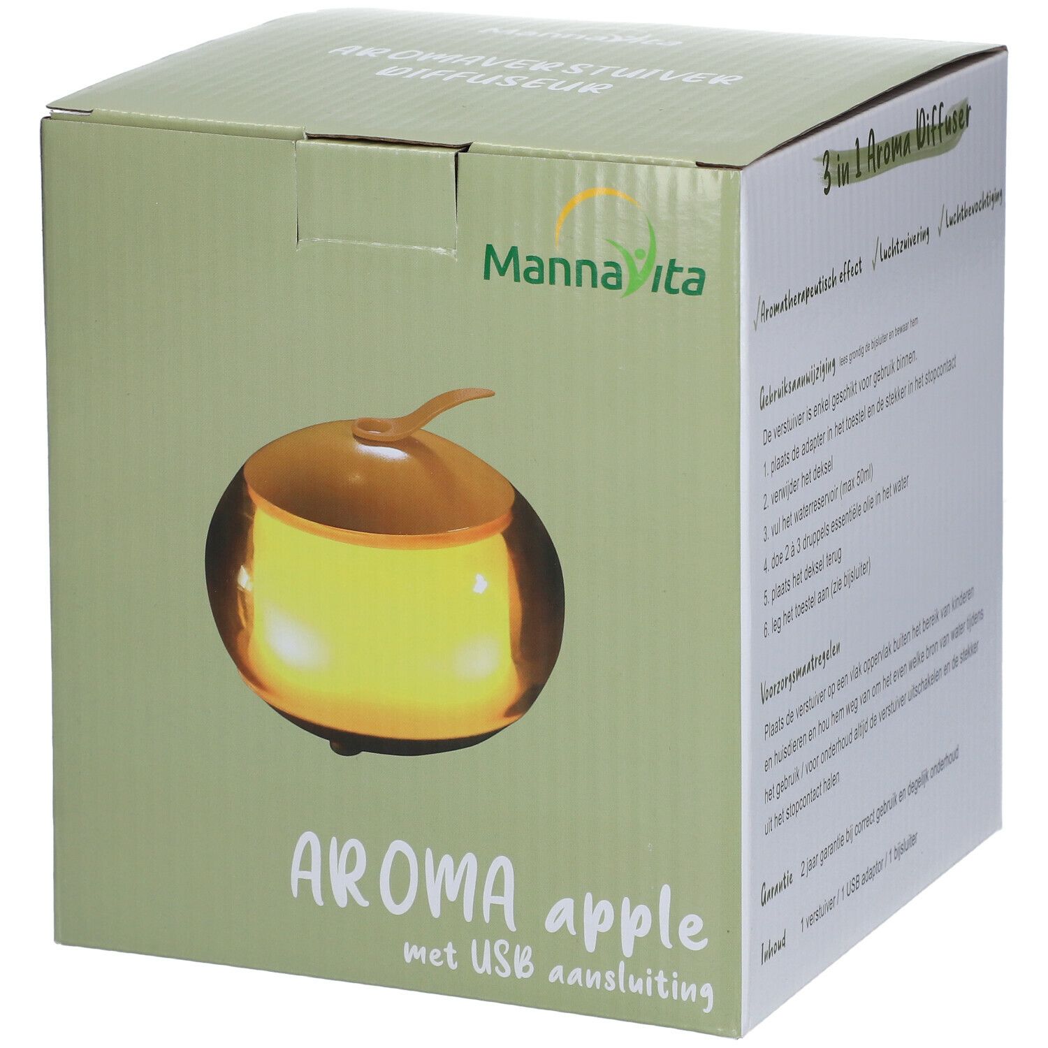Boîte du diffuseur d'arômes. Design en forme de pomme avec connexion USB. Marque : Mannavita.
