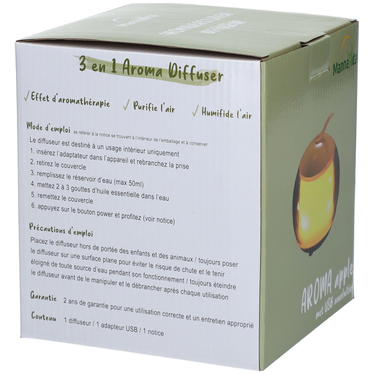 Dos de la boîte du diffuseur d'arômes. Contient des instructions et des informations de garantie.