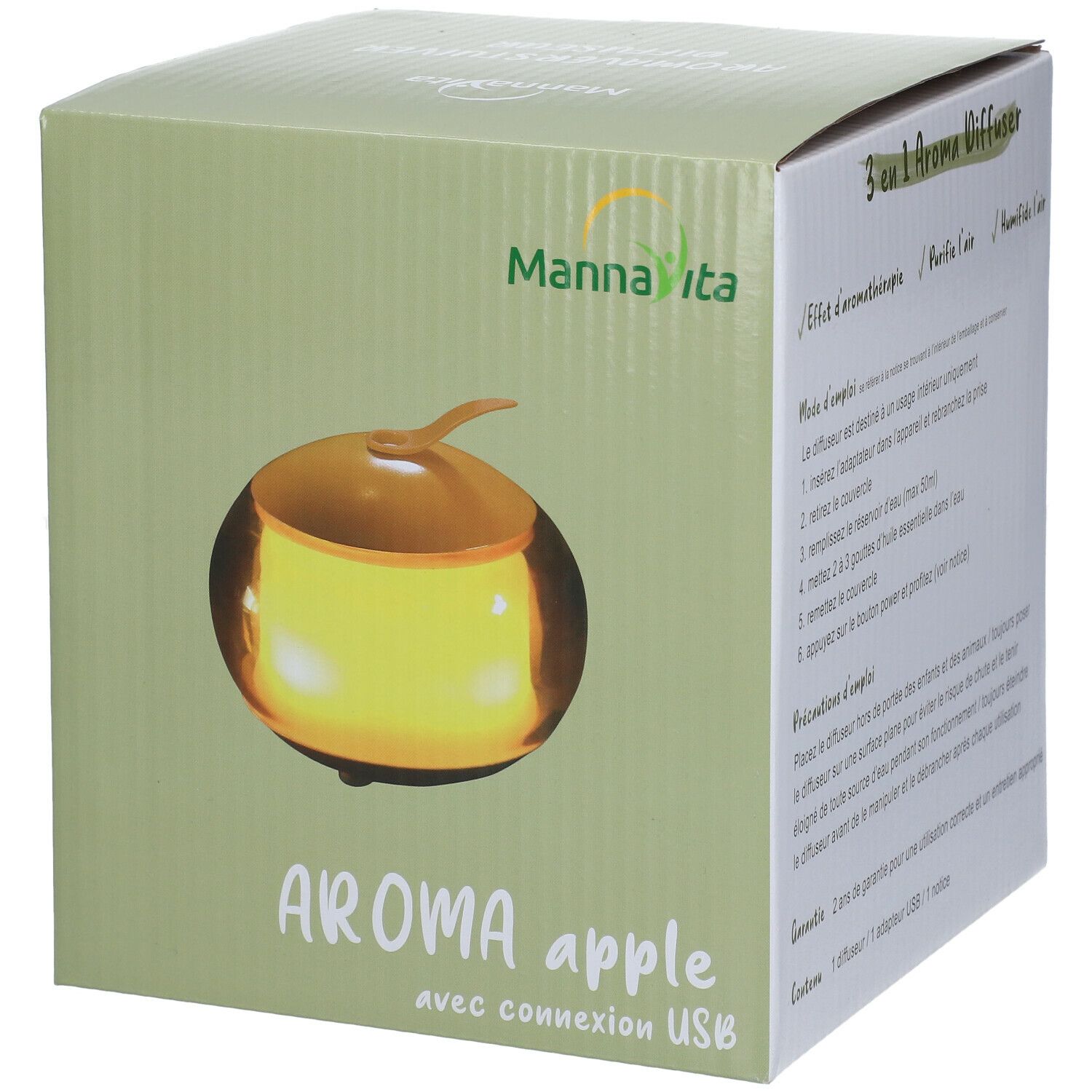 Boîte du diffuseur d'arômes. Design en forme de pomme avec connexion USB. Marque : Mannavita.