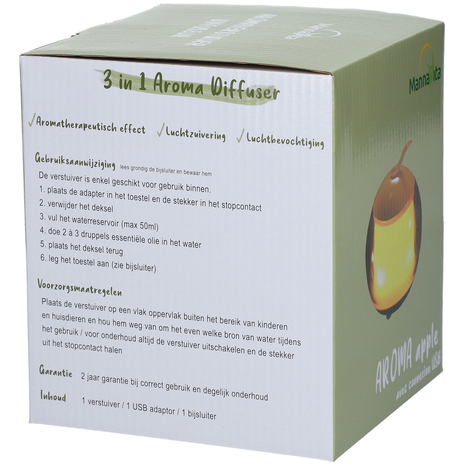 Dos de la boîte du diffuseur d'arômes. Contient des instructions et des informations de garantie.