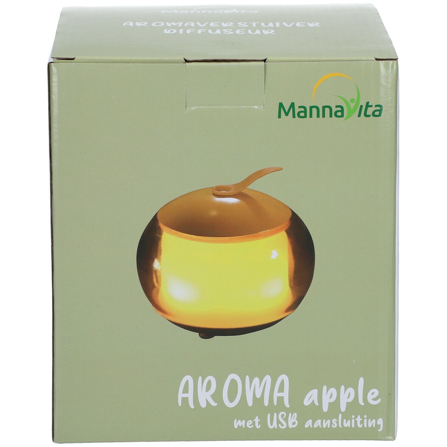 Face avant de la boîte du diffuseur d'arômes. Design en forme de pomme avec connexion USB. Marque : Mannavita.