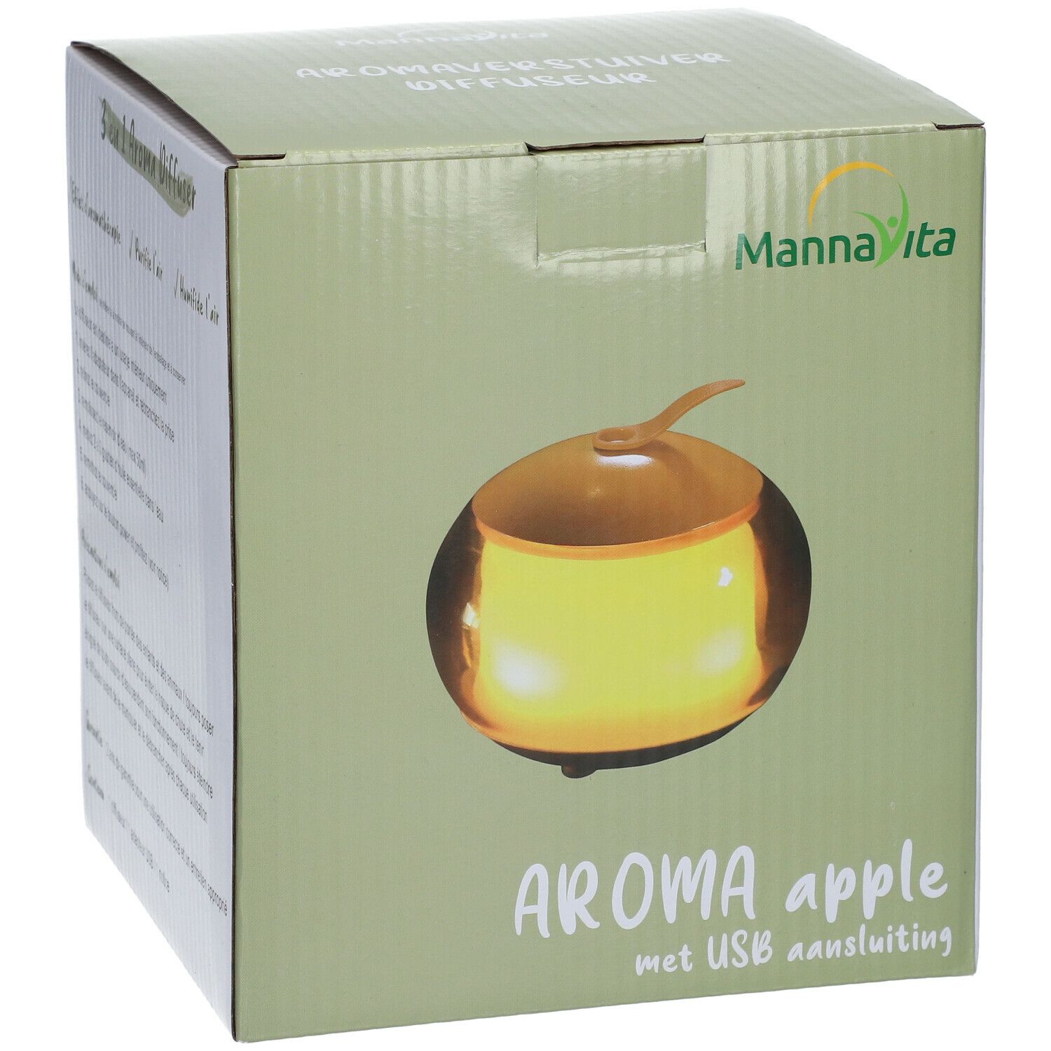 Face avant de la boîte du diffuseur d'arômes. Design en forme de pomme avec connexion USB. Marque : Mannavita.