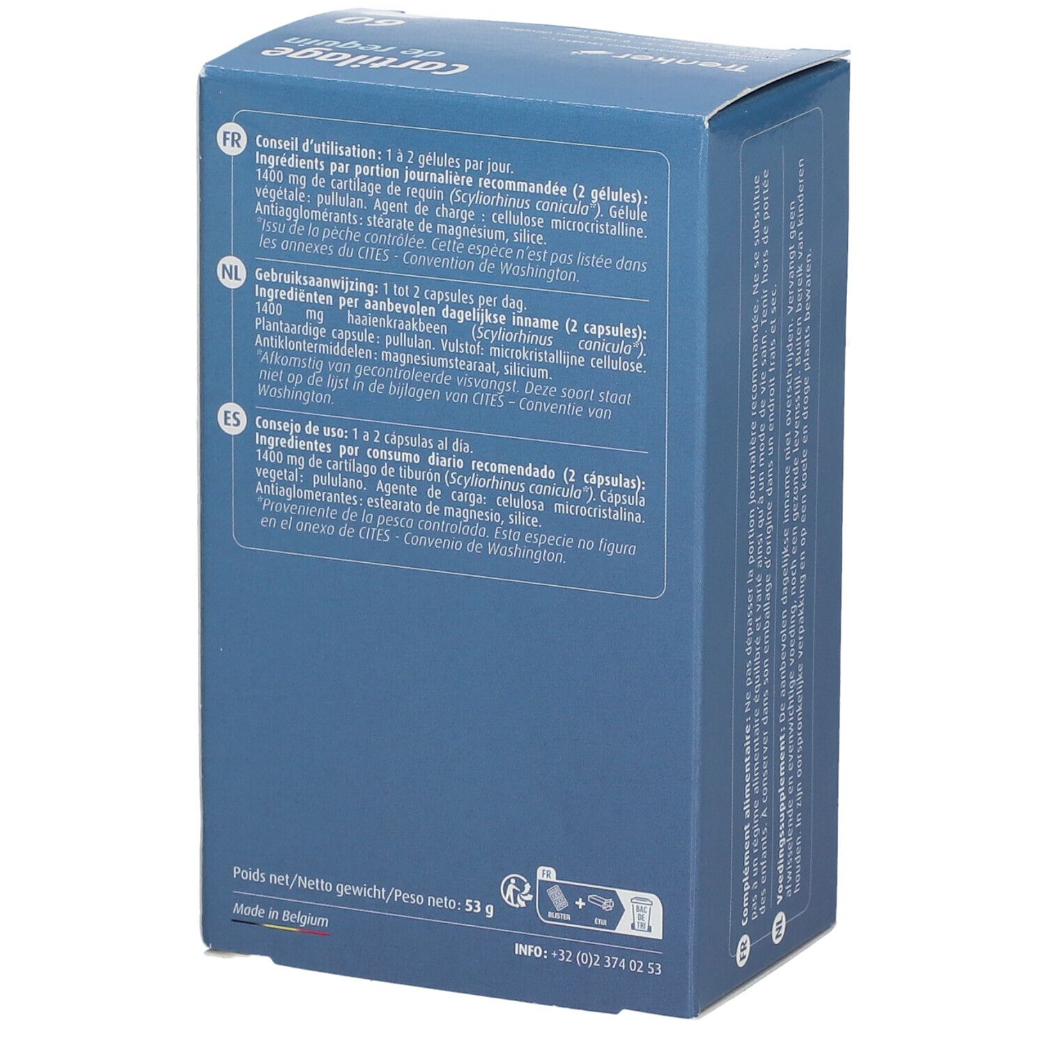 Blaue Schachtel mit Text. Enthält Produktinformationen in Französisch, Niederländisch und Spanisch. Gewicht: 53g.