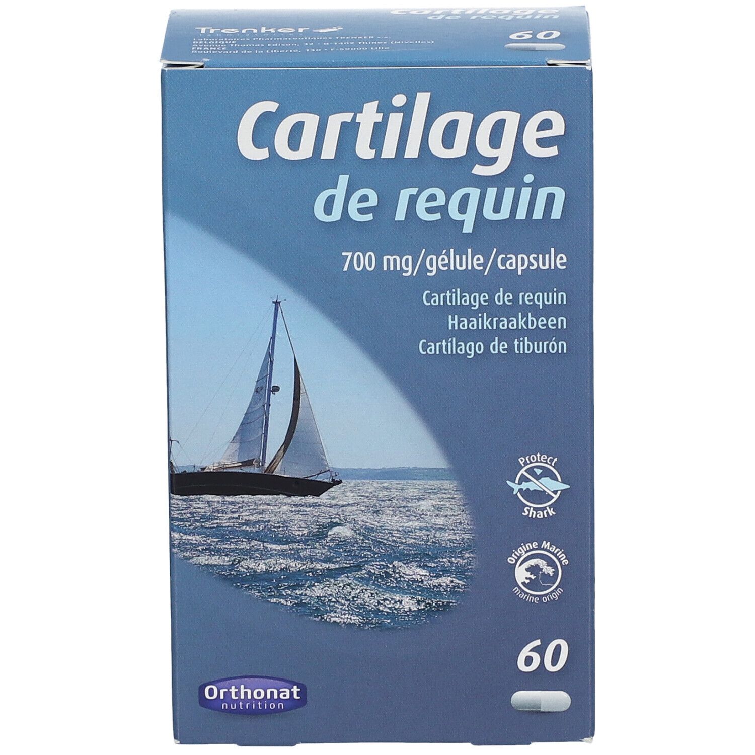 Blaue Schachtel mit Produktnamen und Segelboot-Illustration. Enthält 60 Kapseln. Marke: Orthonat.