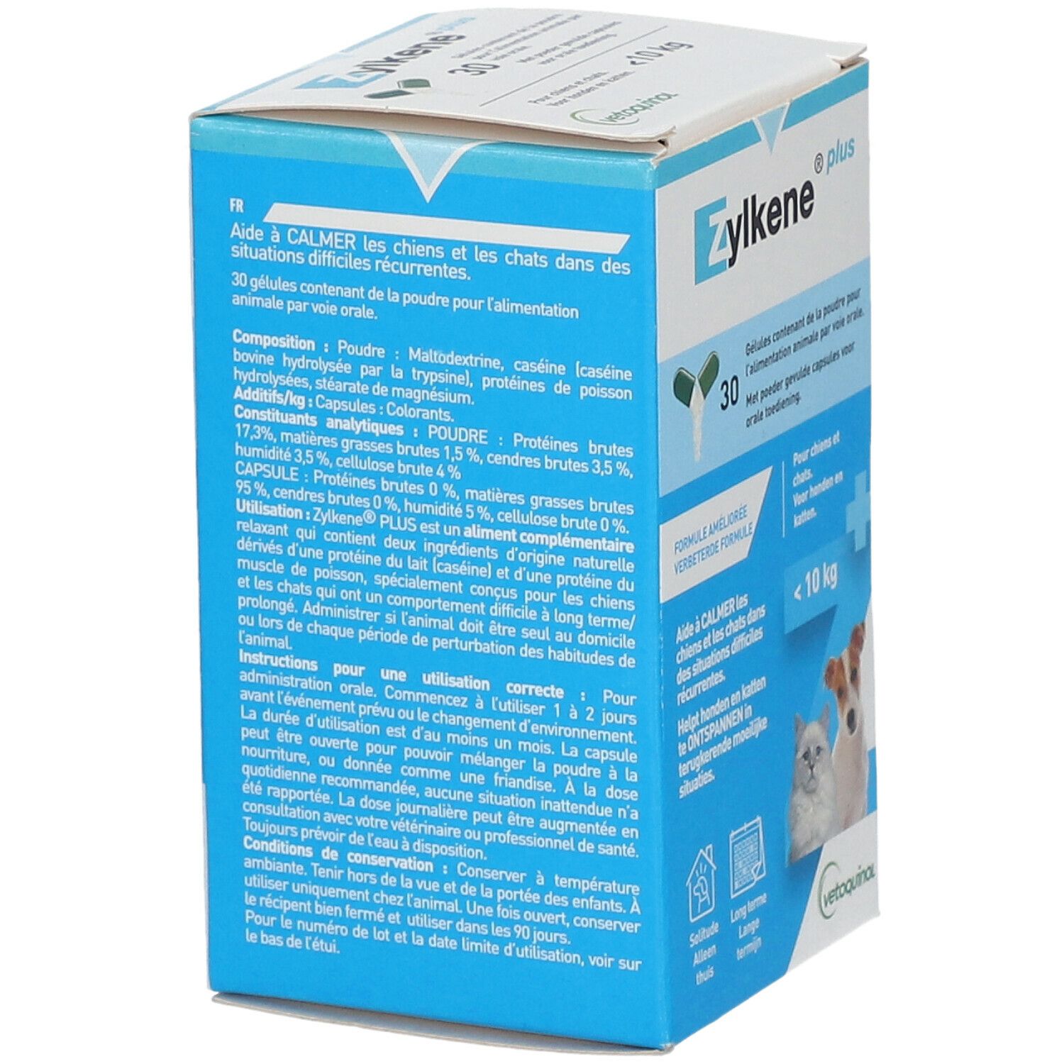 Rückseite der Zylkene plus-Verpackung. Enthält Informationen zu Inhaltsstoffen und Anwendung. Abbildung von Katze und Hund.