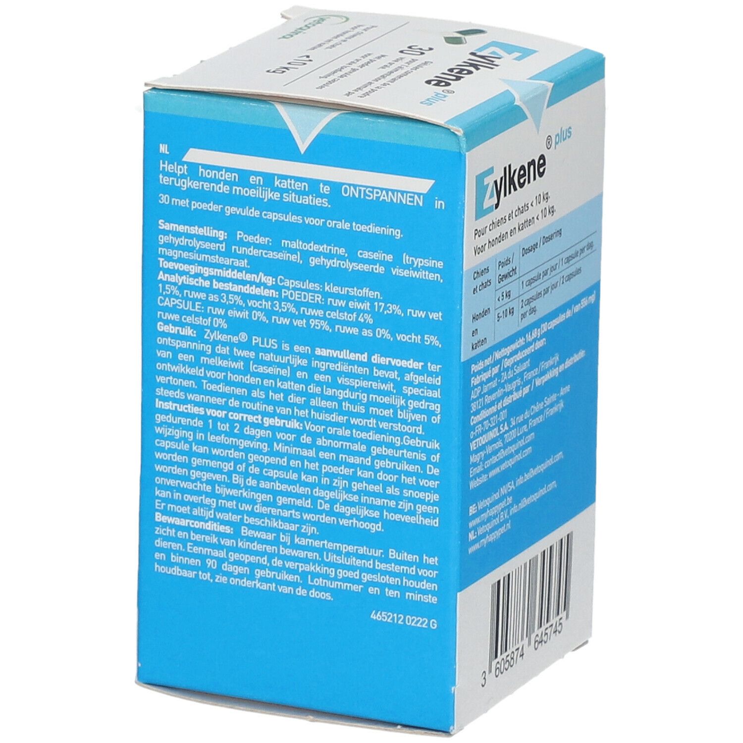 Seite der Zylkene plus-Verpackung. Enthält Informationen zu Inhaltsstoffen und Anwendung. Barcode unten.