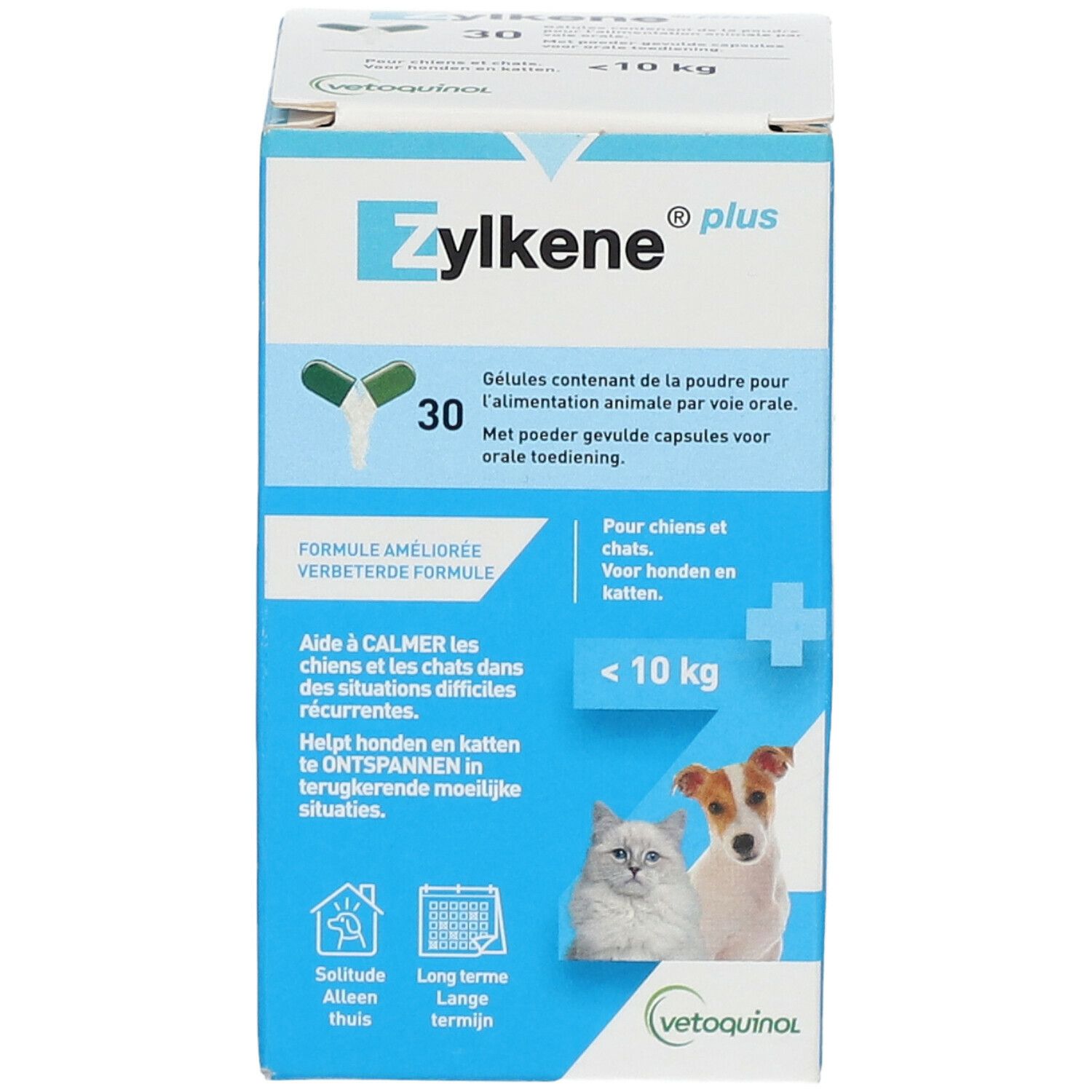 Vorderseite der Zylkene plus-Verpackung. Enthält 30 Kapseln. Aufdruck: < 10 kg. Abbildung von Katze und Hund.