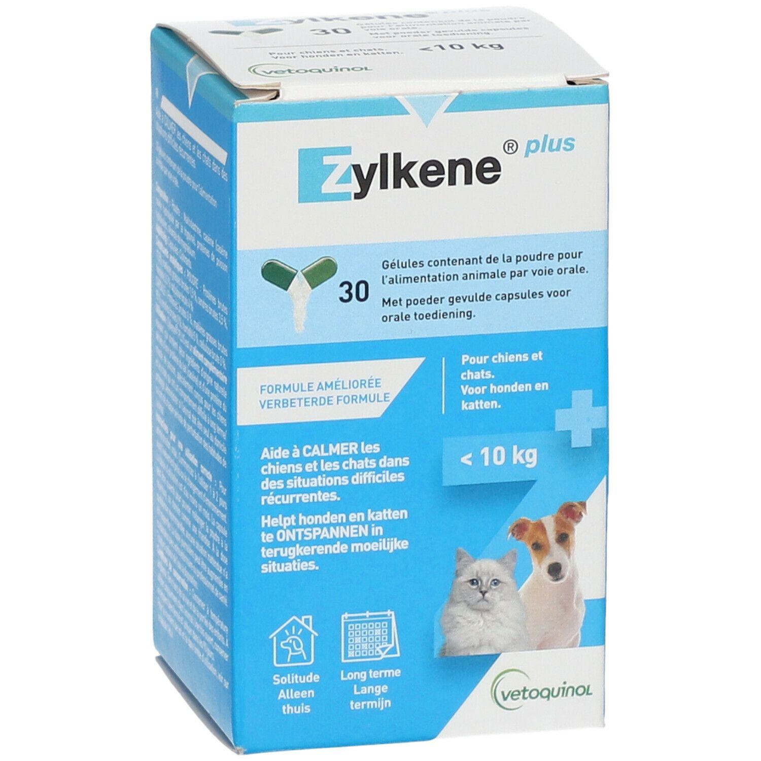 Vorderseite der Zylkene plus-Verpackung. Enthält 30 Kapseln. Aufdruck: < 10 kg. Abbildung von Katze und Hund.