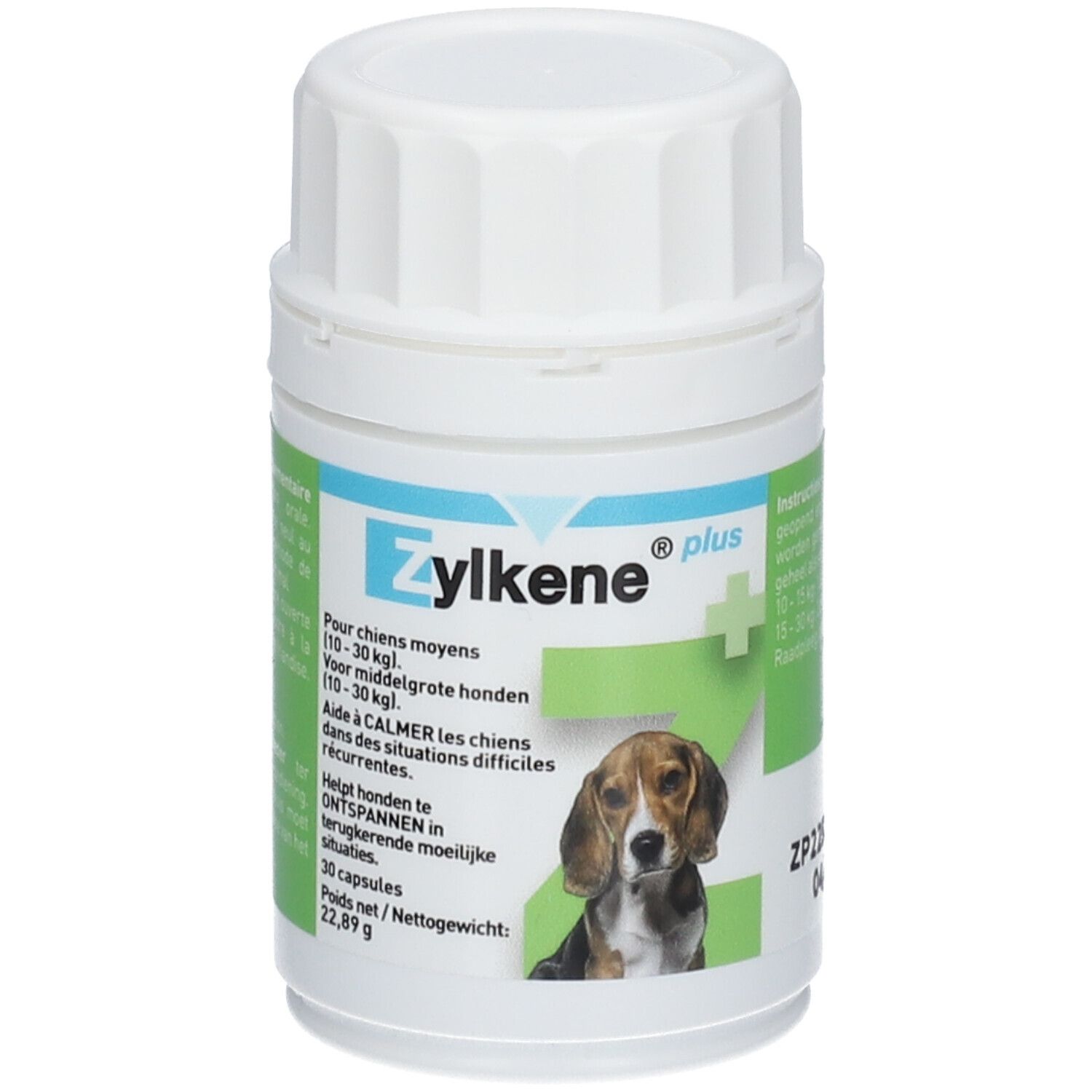 Zylkene Plus Hunde, weiße Flasche mit grünem Etikett. Abbildung eines Hundes. Text: 10-30 kg, 30 Kapseln.