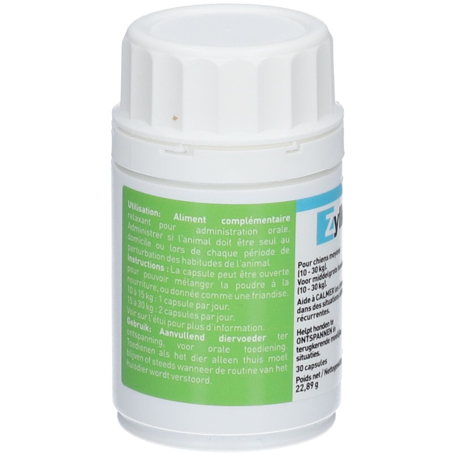 Zylkene Plus Hunde, weiße Flasche mit grünem Etikett. Text: Anwendung, 30 Kapseln, 22,89 g. Gebrauchsanweisung.