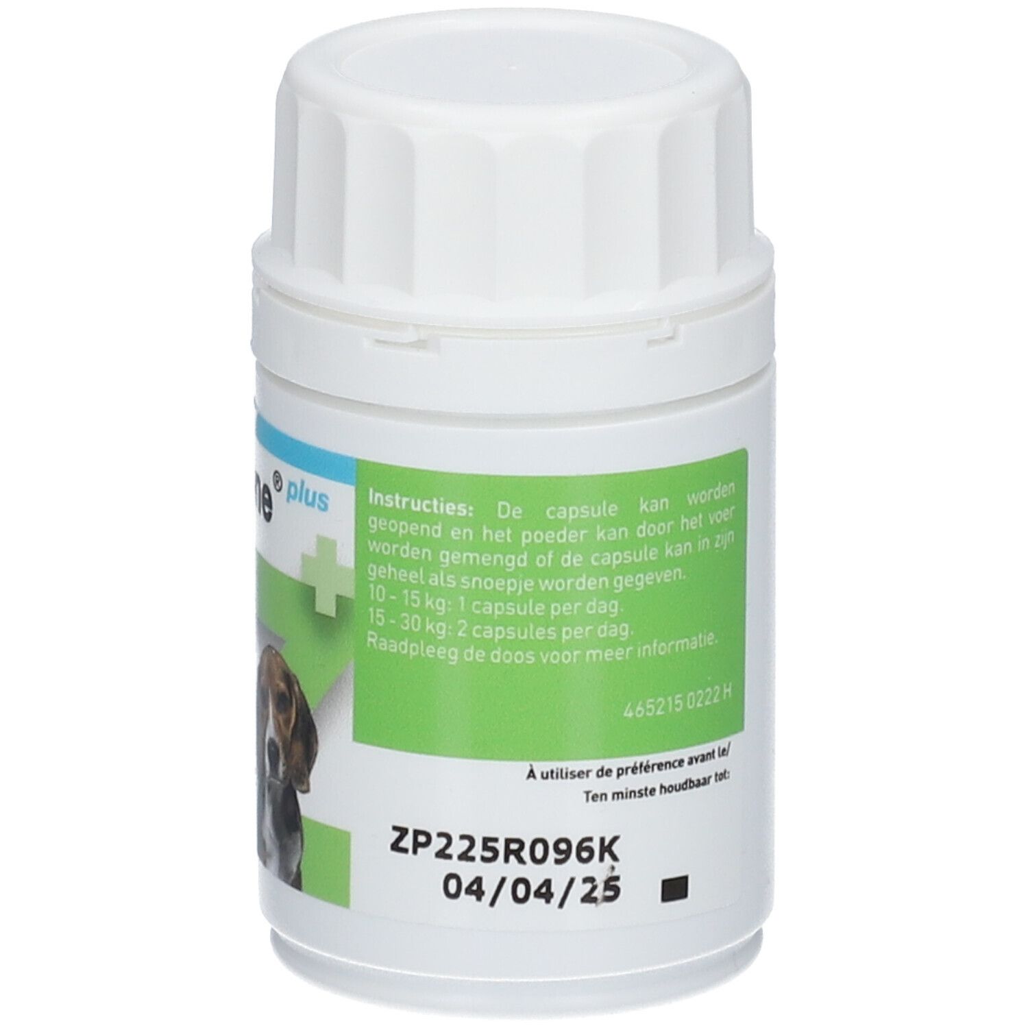 Zylkene Plus Hunde, weiße Flasche mit grünem Etikett. Text: Gebrauchsanweisung, Chargennummer, Verfallsdatum.