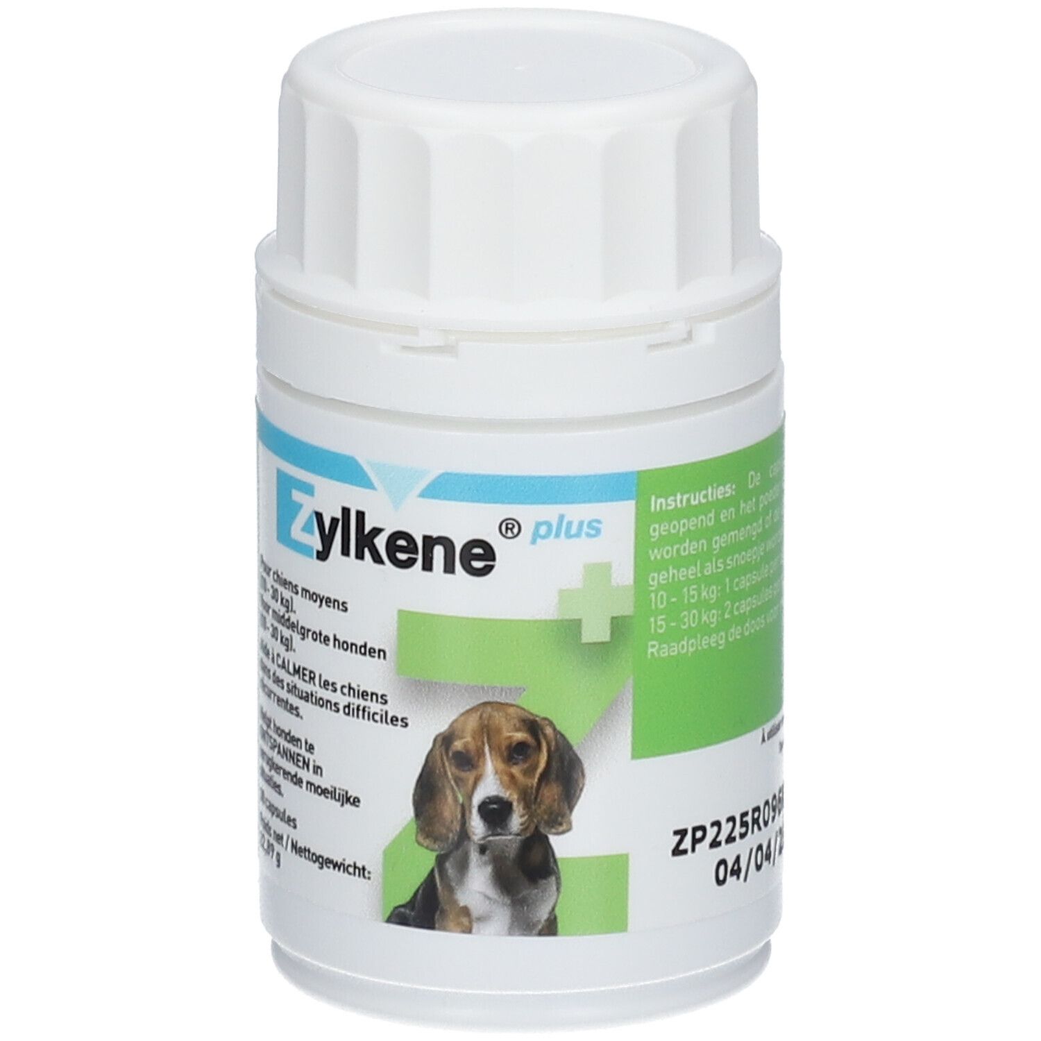 Zylkene Plus Hunde, weiße Flasche mit blauem Etikett. Abbildung eines Hundes. Text: 10-30 kg.
