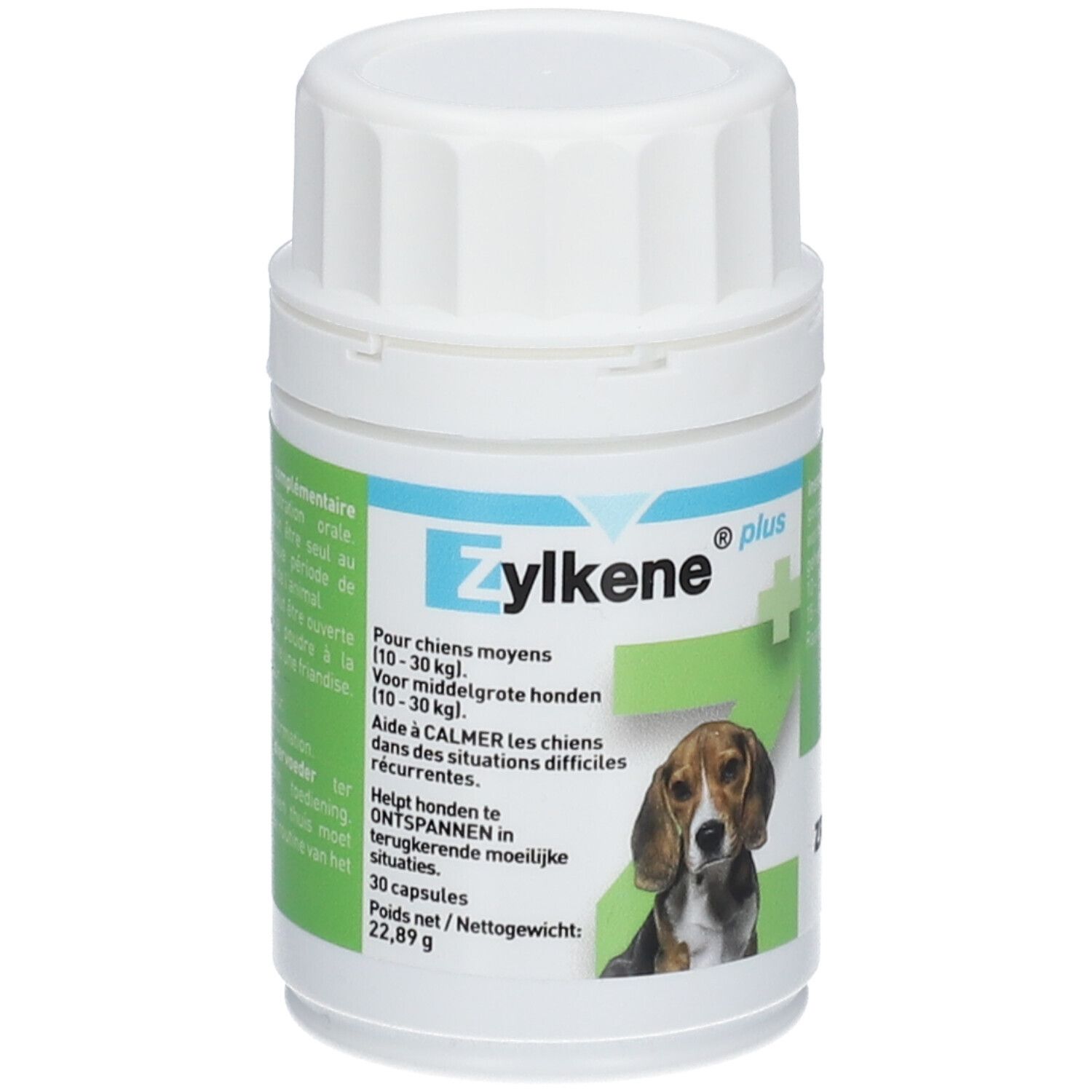 Zylkene Plus Hunde, weiße Flasche mit blauem Etikett. Abbildung eines Hundes. Text: 10-30 kg, 30 Kapseln.