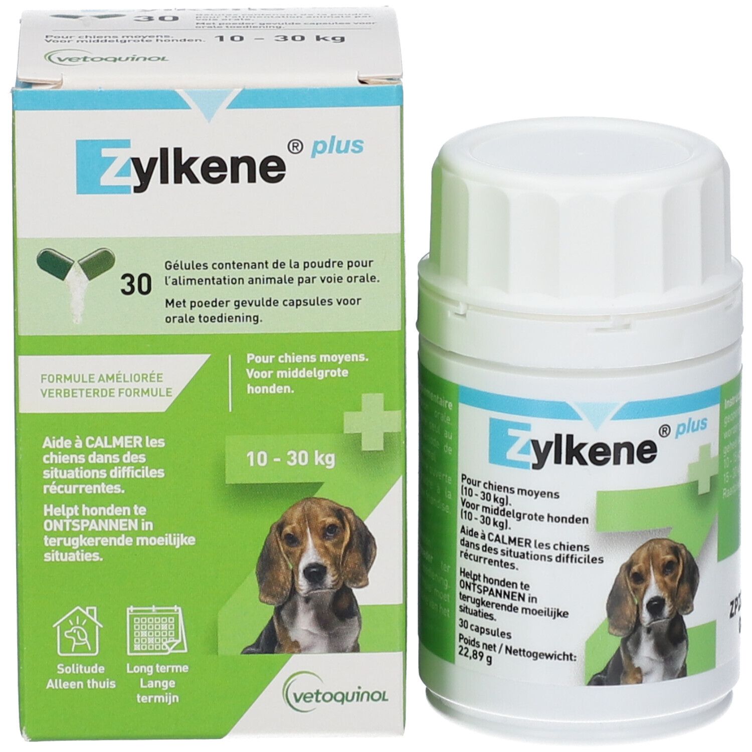 Zylkene Plus Hunde, Produktverpackung und Flasche. Text: 30 Kapseln, 10-30 kg. Abbildung eines Hundes.