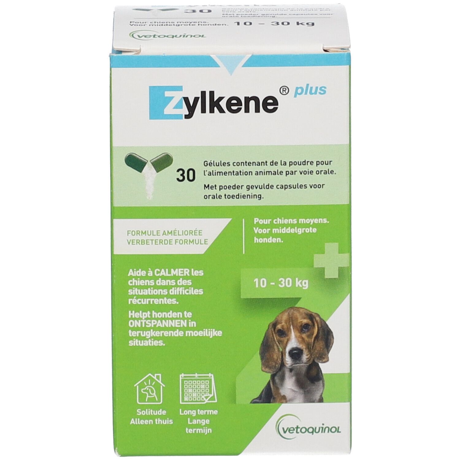 Zylkene Plus Hunde, Produktverpackung. Text: 30 Kapseln, 10-30 kg. Abbildung eines Hundes.
