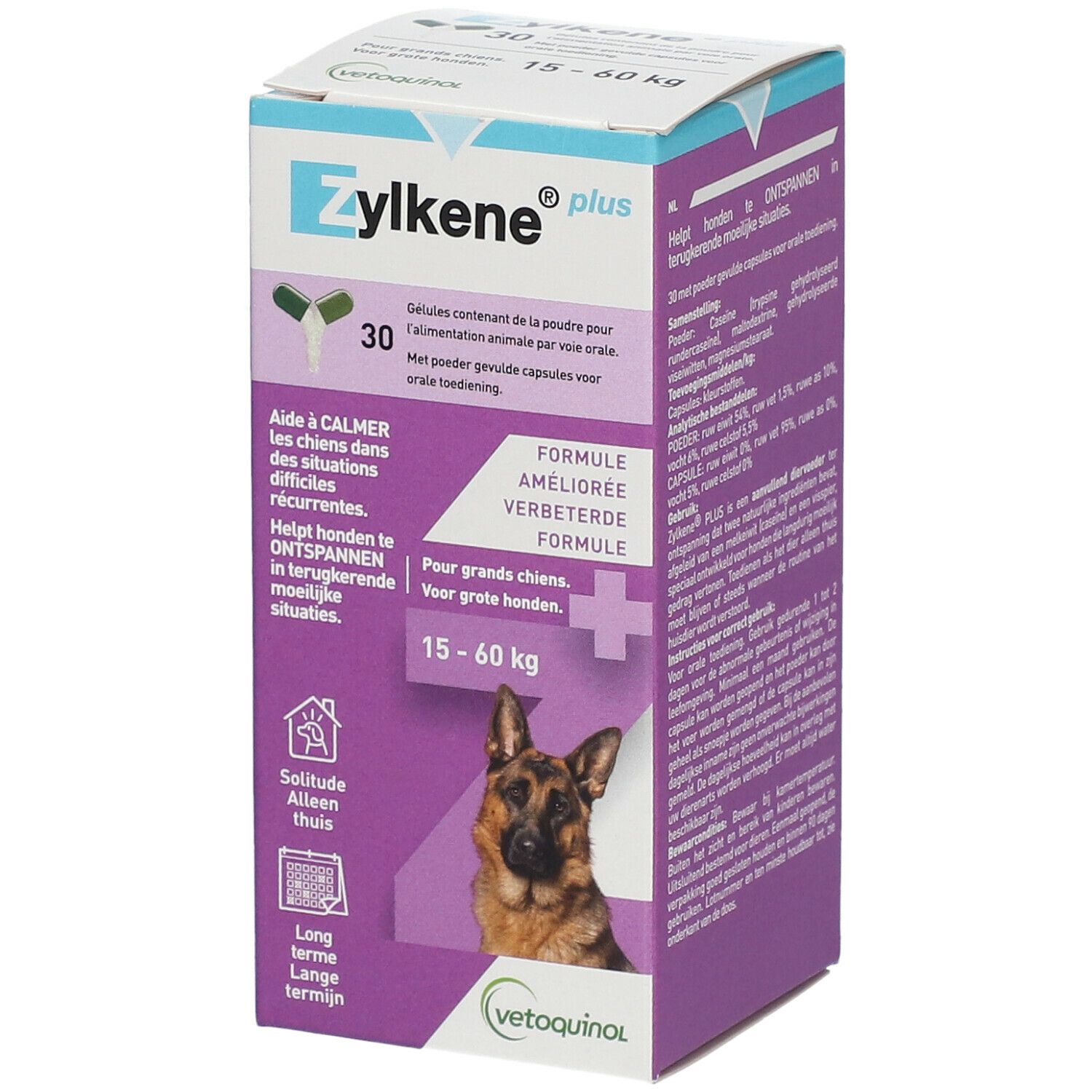 Boîte de Zylkene Plus, 15-60 kg. Contient 30 gélules. Inscription : Aide à calmer les chiens dans les situations difficiles.