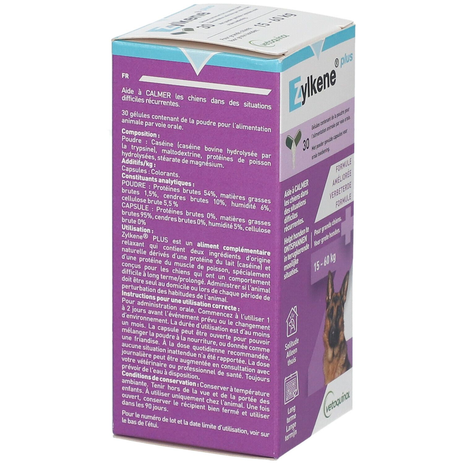 Dos de la boîte de Zylkene Plus. Texte en français. Contient des informations sur les ingrédients, l'utilisation et le stockage.