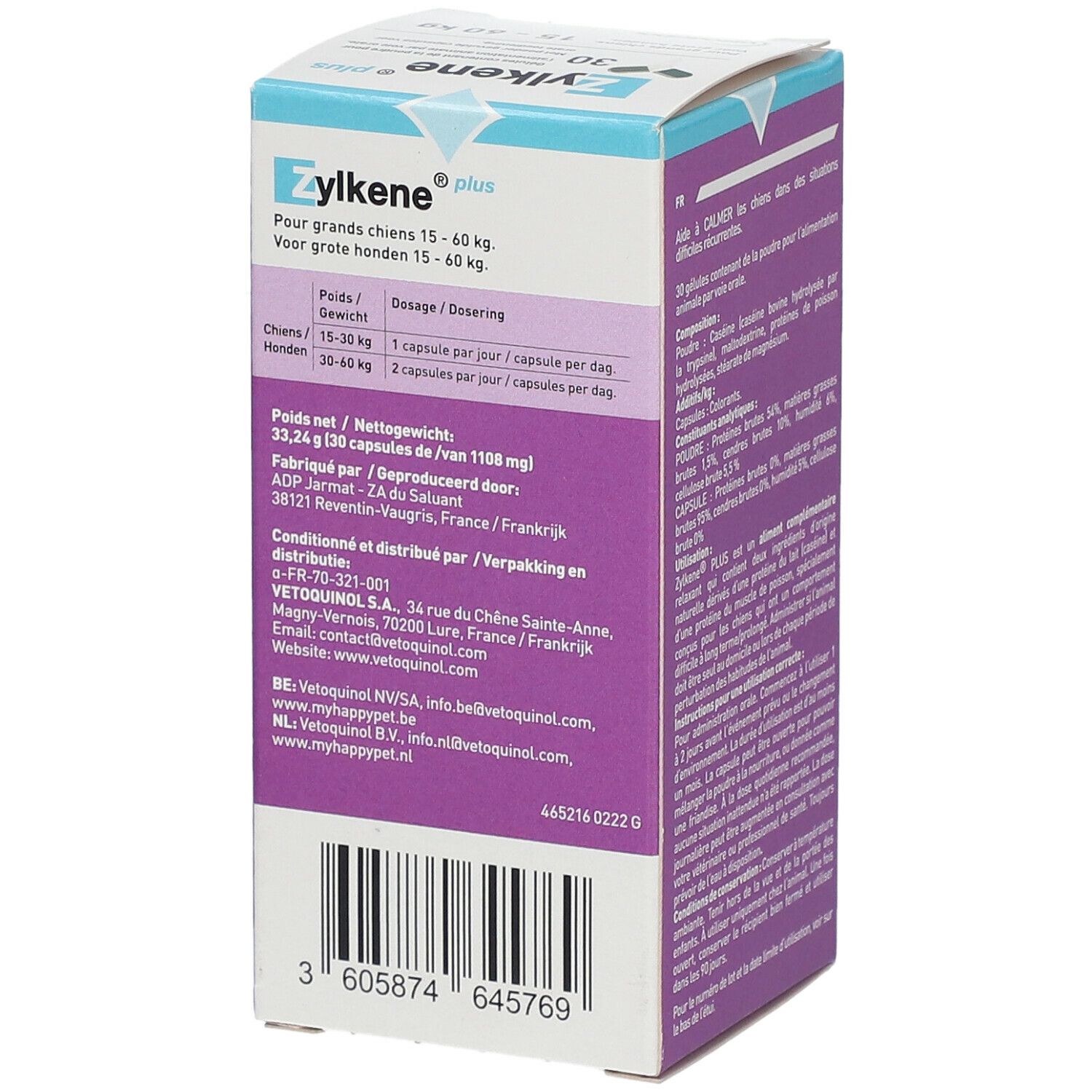 Dos de la boîte Zylkene Plus. Contient des informations sur le dosage, le poids net, le fabricant et la distribution.