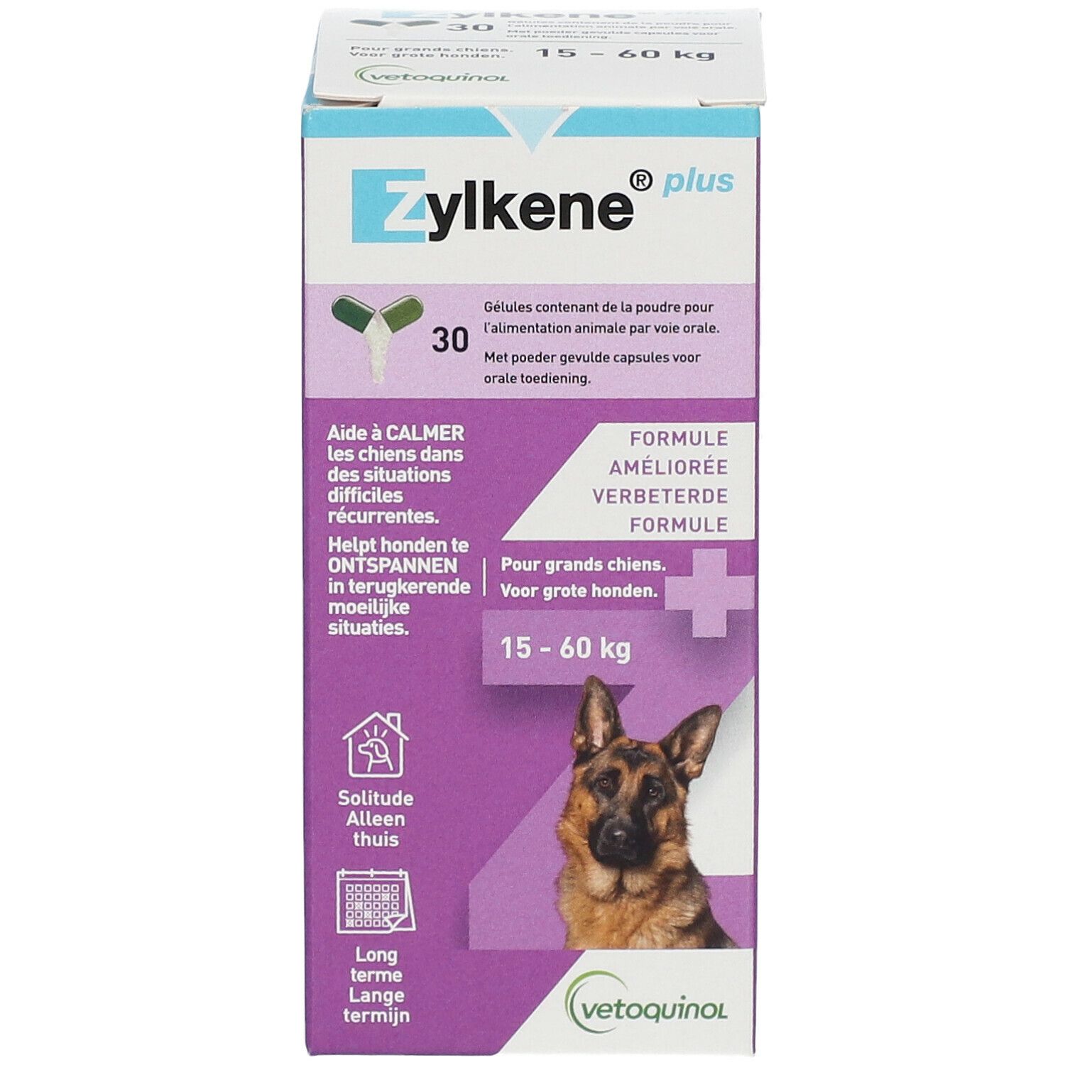 Face avant de la boîte Zylkene Plus. Contient 30 gélules. Image d'un chien. Inscription : 15-60 kg.
