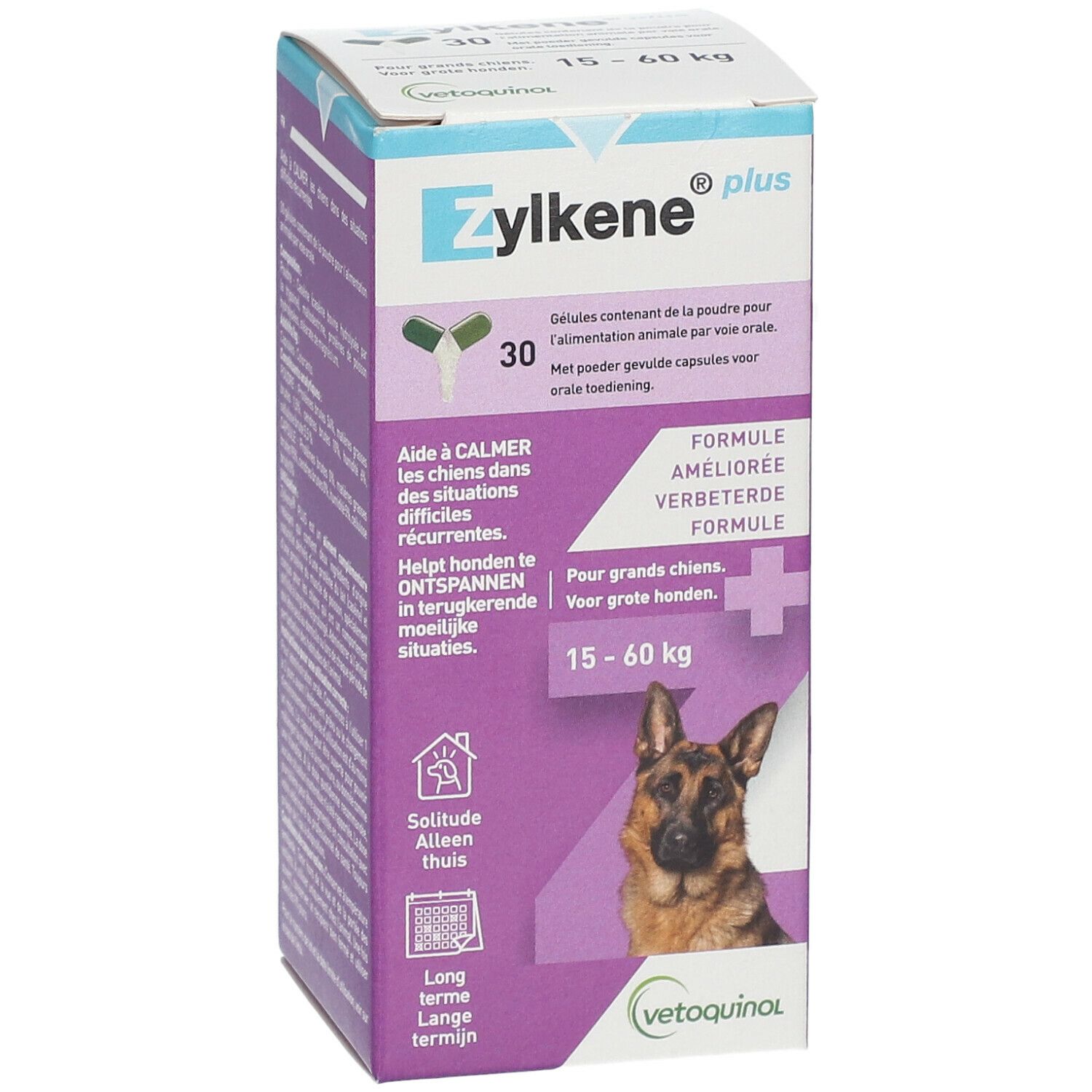 Face avant de la boîte Zylkene Plus. Contient 30 gélules. Image d'un chien. Inscription : 15-60 kg.