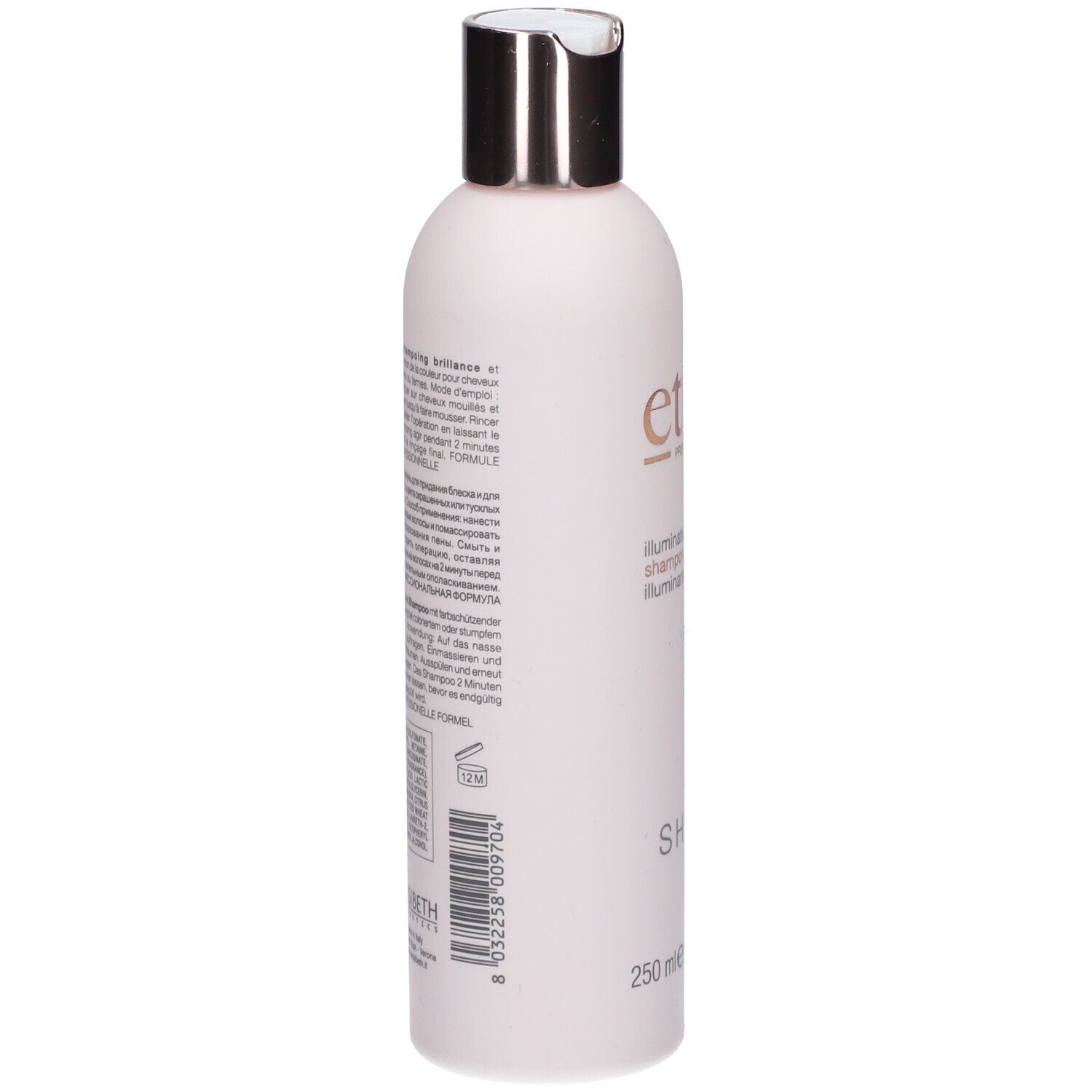 Rückseite der rosa Shampoo-Flasche. Text in mehreren Sprachen. Barcode und Recycling-Symbole.