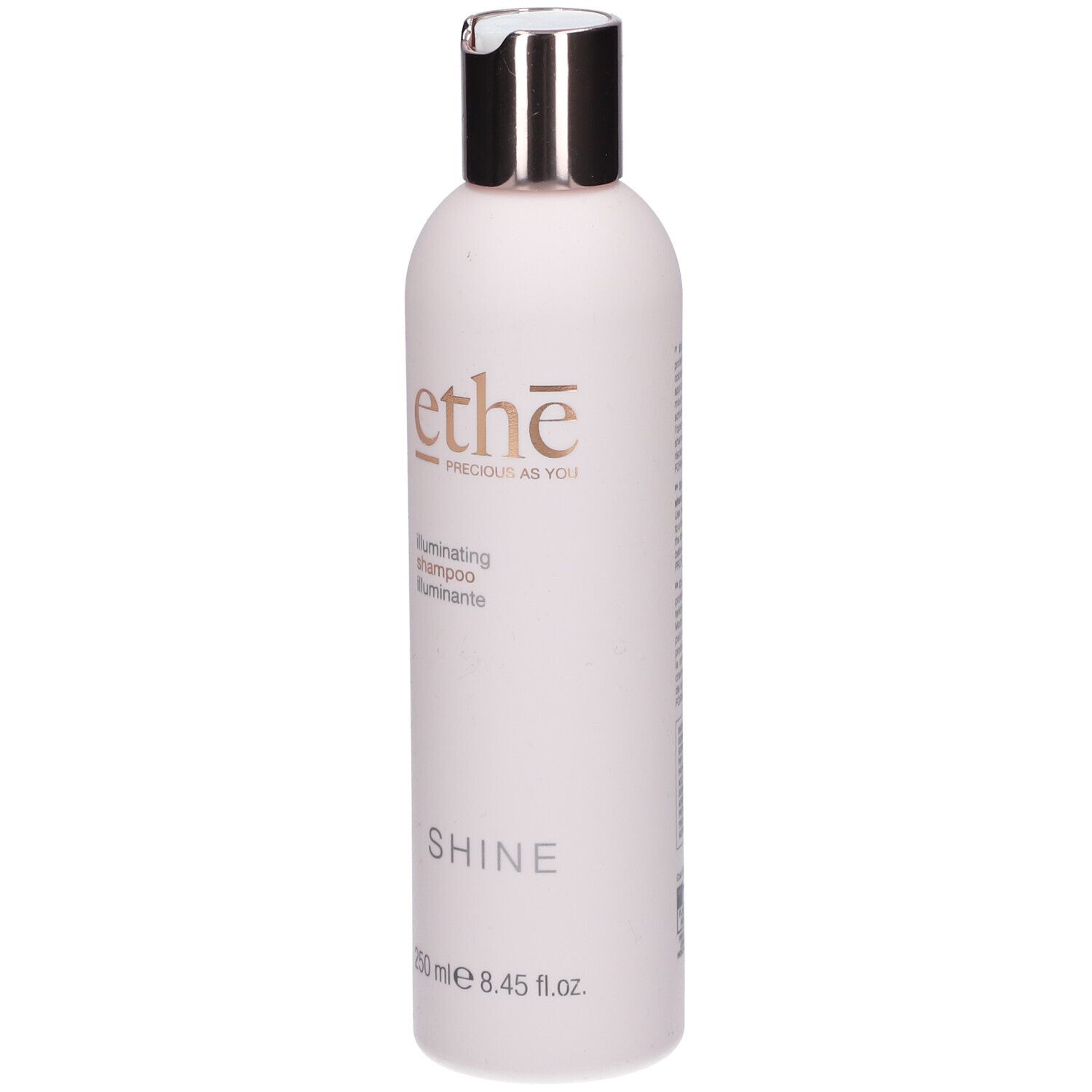 Rosa Shampoo-Flasche mit silbernem Deckel. Aufschrift: ethe, Illuminating Shampoo, Shine. Volumen: 250 ml.