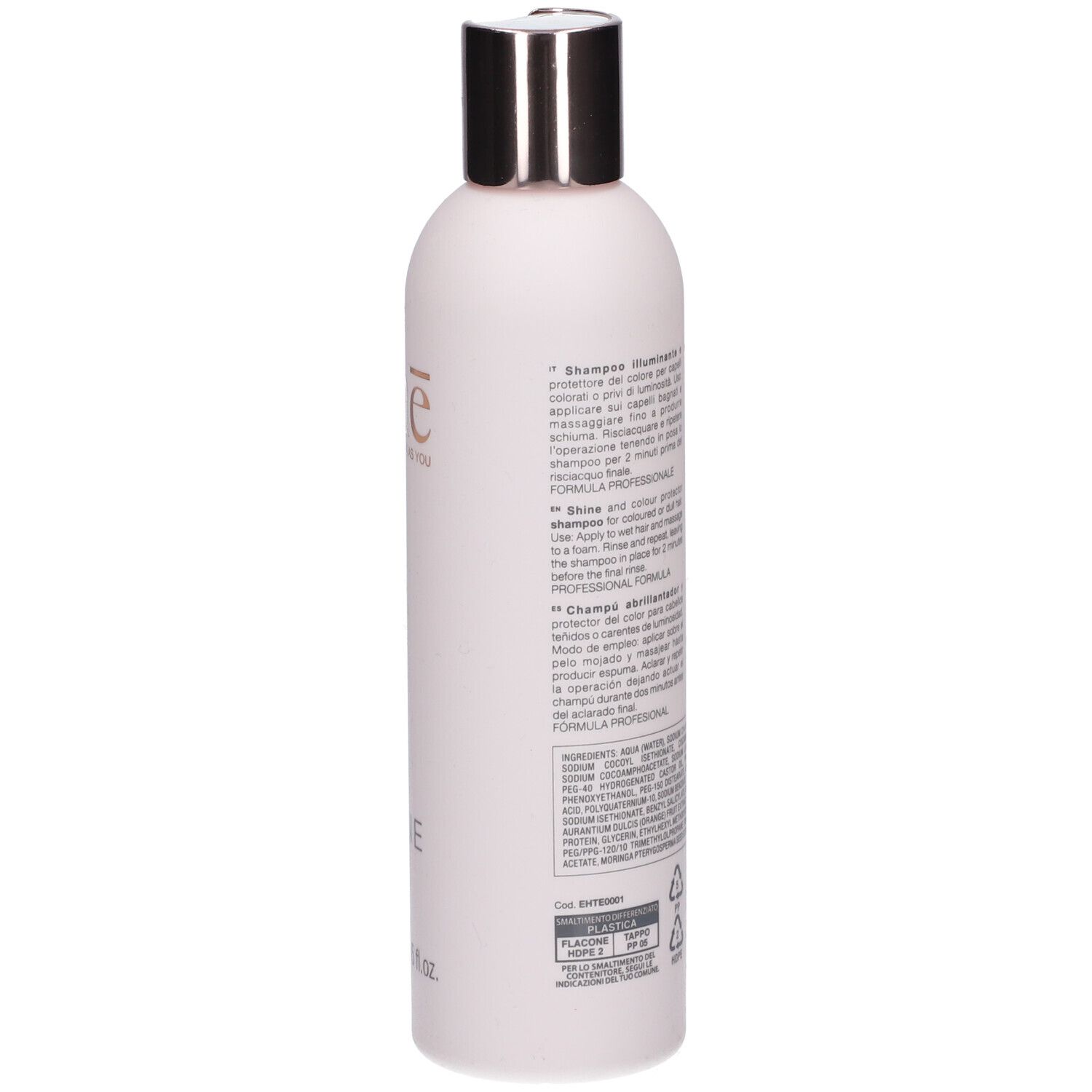 Rückseite der rosa Shampoo-Flasche. Text in mehreren Sprachen. Recycling-Symbole und Herstellerinformationen.