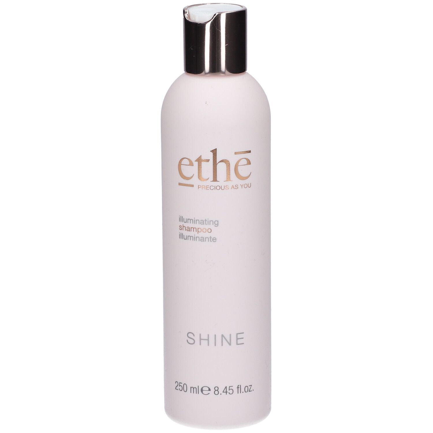 Rosa Shampoo-Flasche mit silbernem Deckel. Aufschrift: ethe, Illuminating Shampoo, Shine. Volumen: 250 ml.