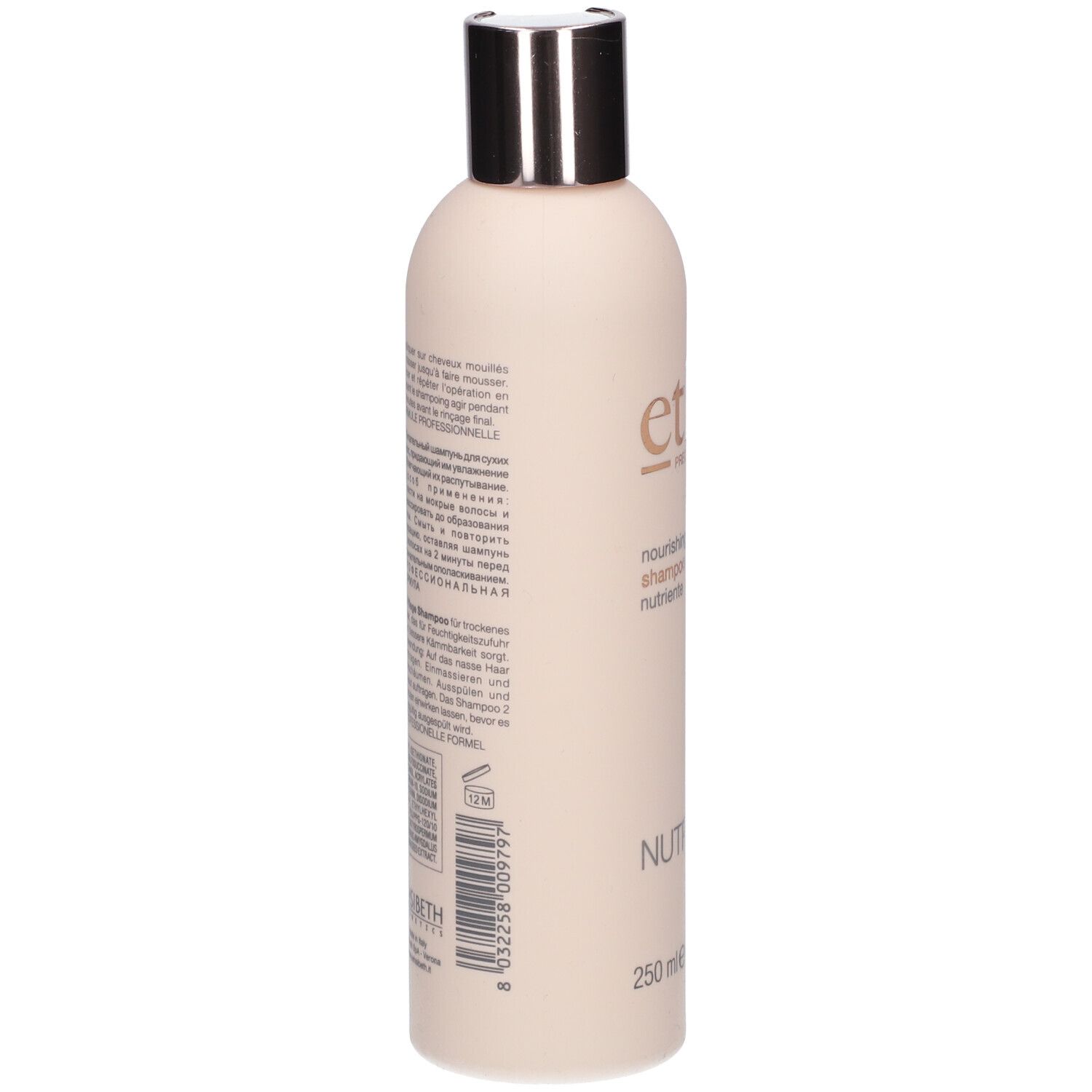 Rückseite der Shampoo-Flasche. Text in mehreren Sprachen. Barcode und Angaben zur Marke.