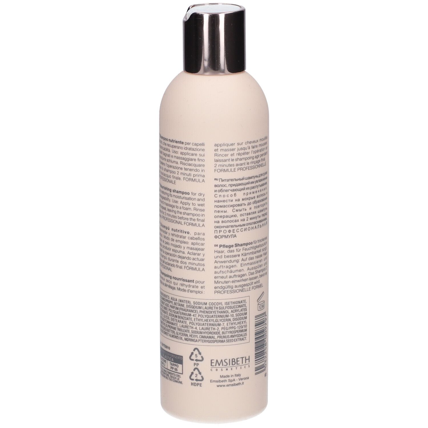 Rückseite der Shampoo-Flasche. Text in mehreren Sprachen. Angaben zur Anwendung und Inhaltsstoffe.
