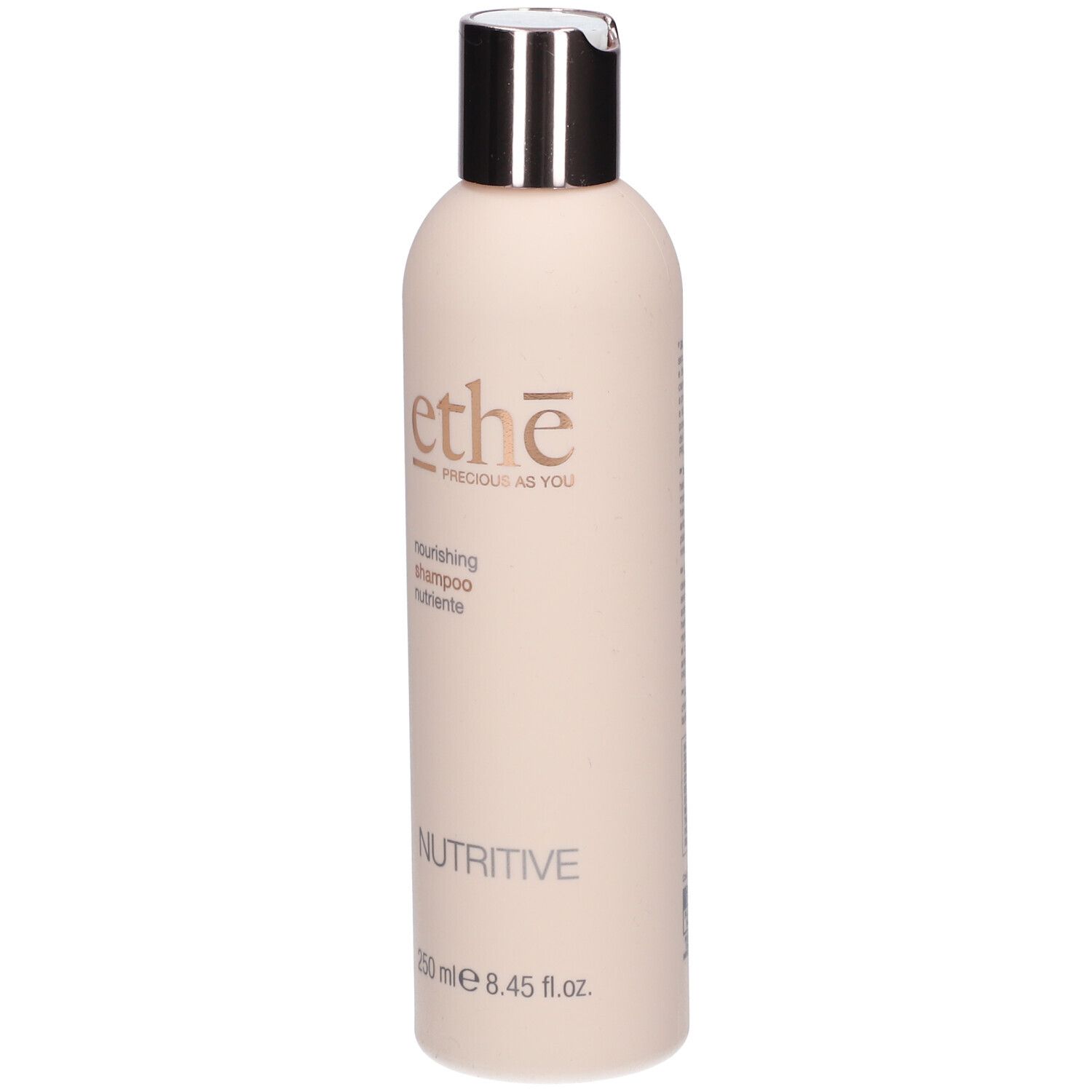 Beige Shampoo-Flasche mit silbernem Deckel. Aufschrift: ethè, nourishing shampoo, nutritive. 250 ml.