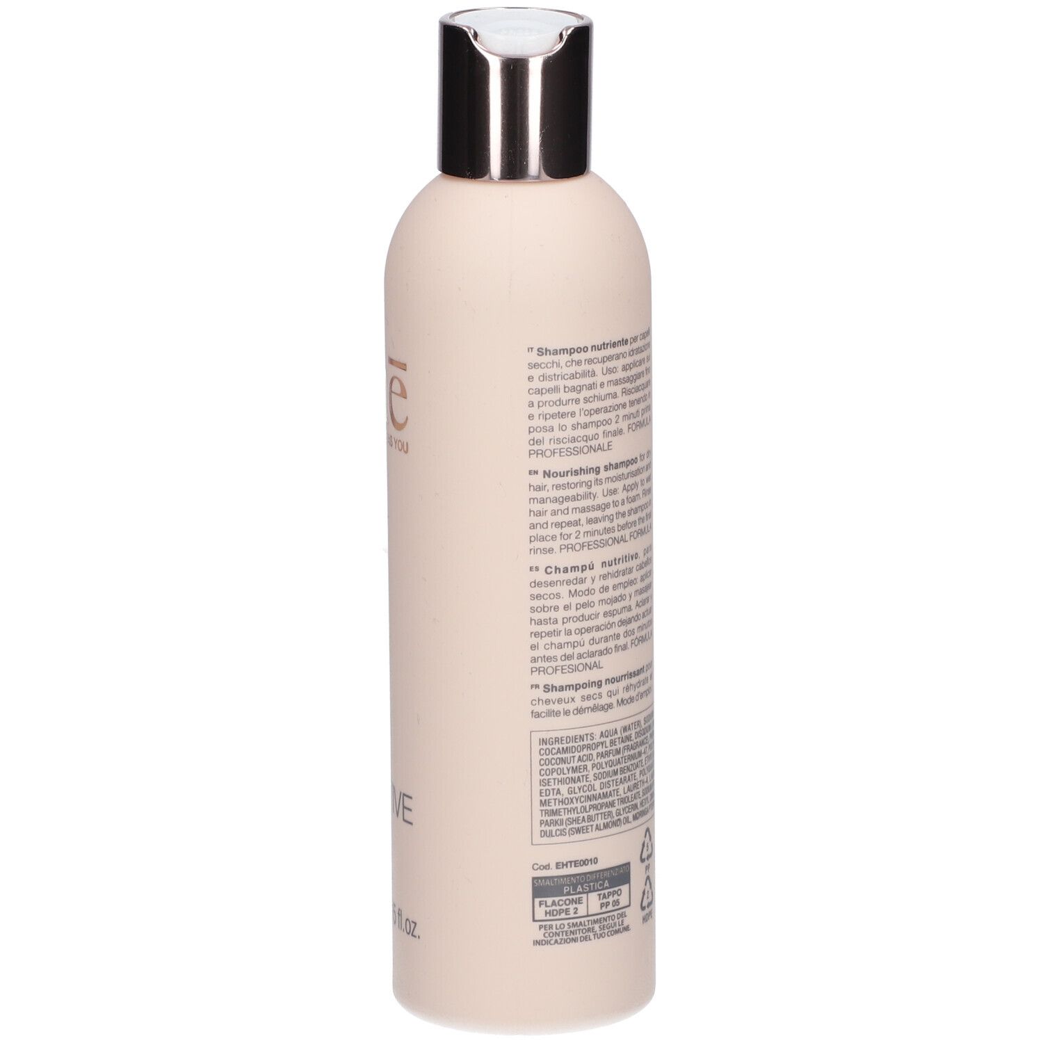 Rückseite der Shampoo-Flasche. Text in mehreren Sprachen. Angaben zur Anwendung und Inhaltsstoffe.