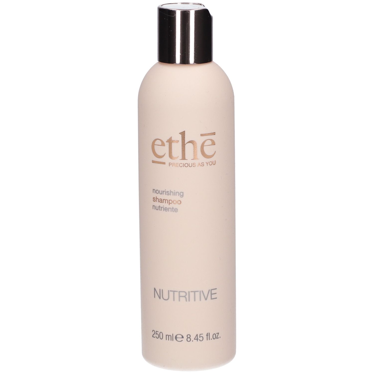 Beige Shampoo-Flasche mit silbernem Deckel. Aufschrift: ethè, nourishing shampoo, nutritive. 250 ml.